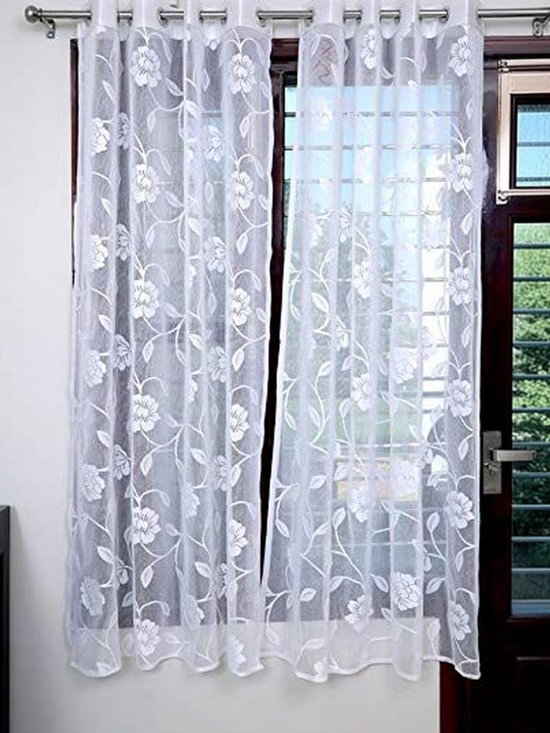 Vervique White Floral Sheer Door Curtain-image-32