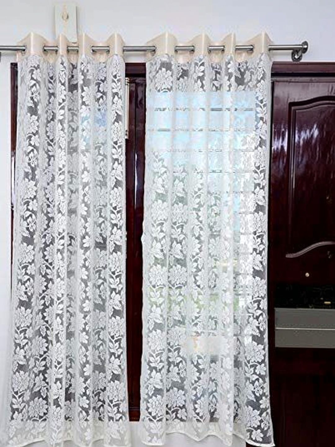 RIDHAAN Cream-Coloured Set of 2 Floral Sheer Long Door Curtain-image-28