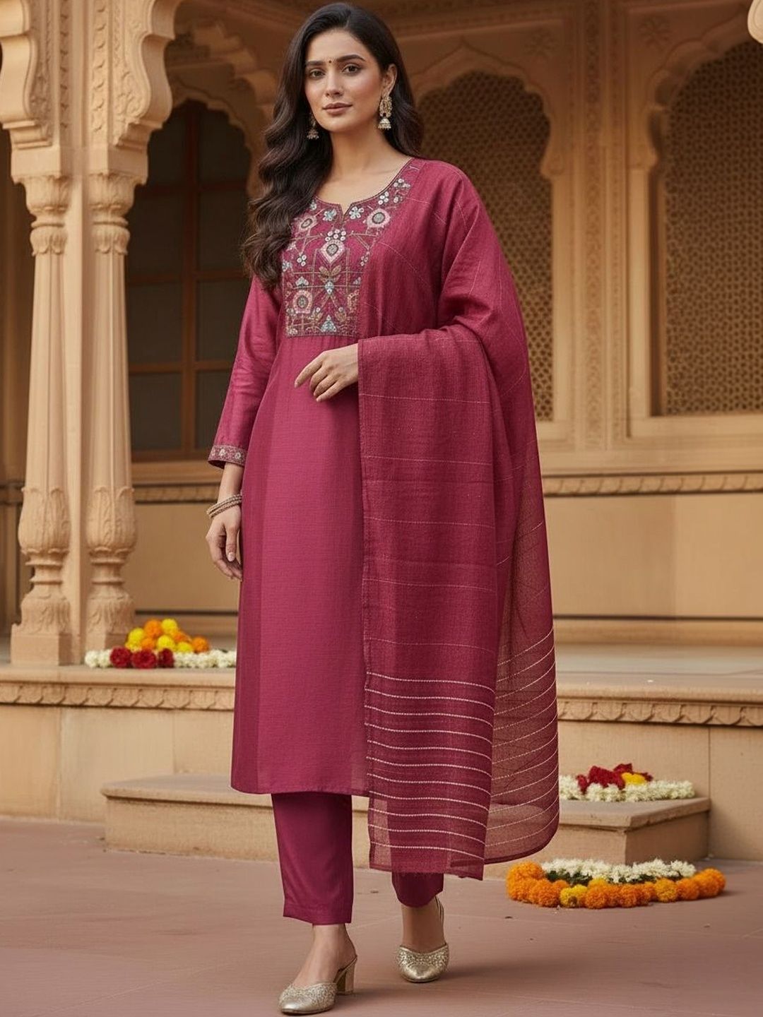 Sangria Self Design Round Neck Kurta & Trousers With Dupatta-picture-55