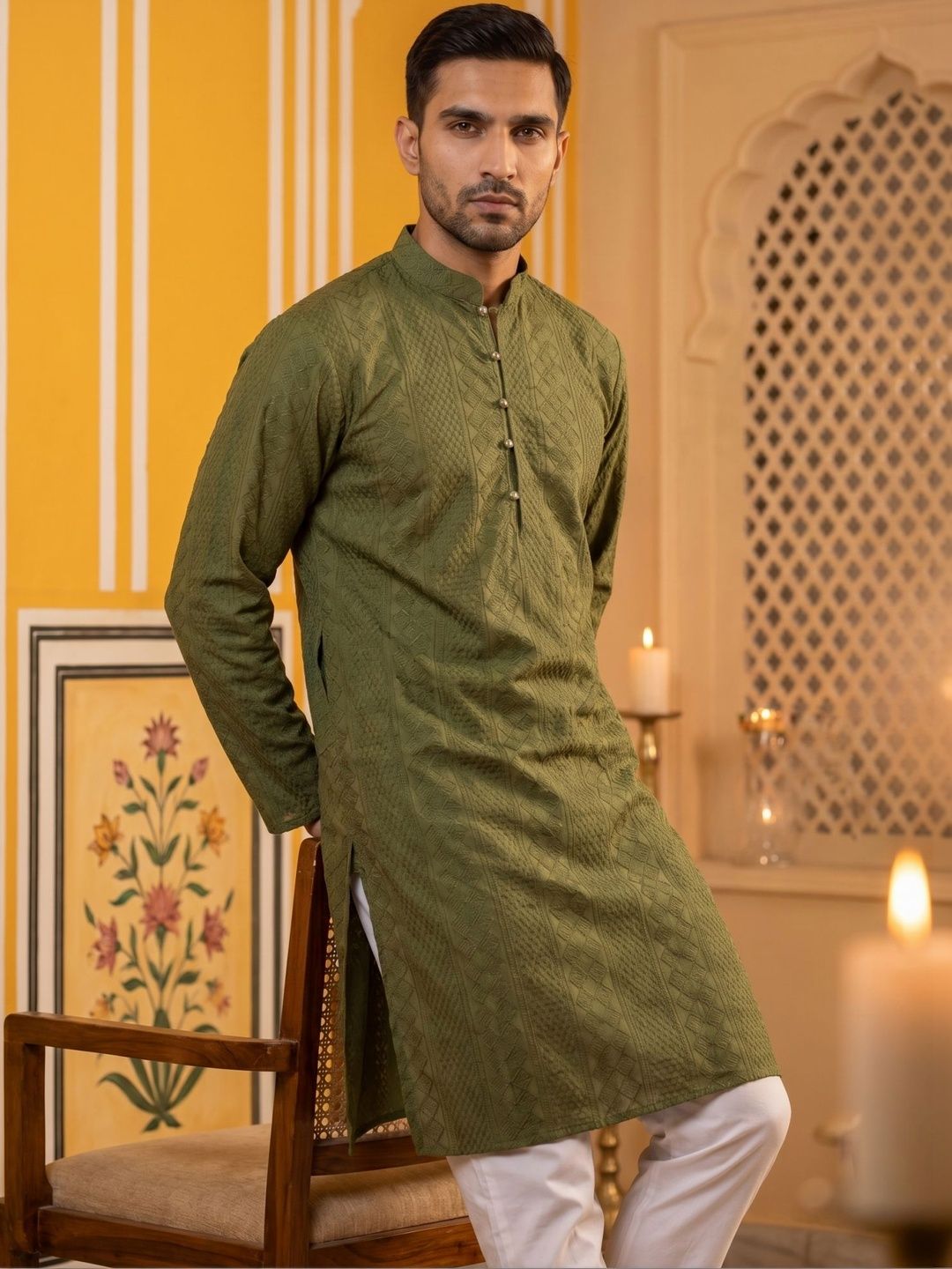 Jompers Men Ethnic Motifs Embroidered Chikankari Kurta-picture-54