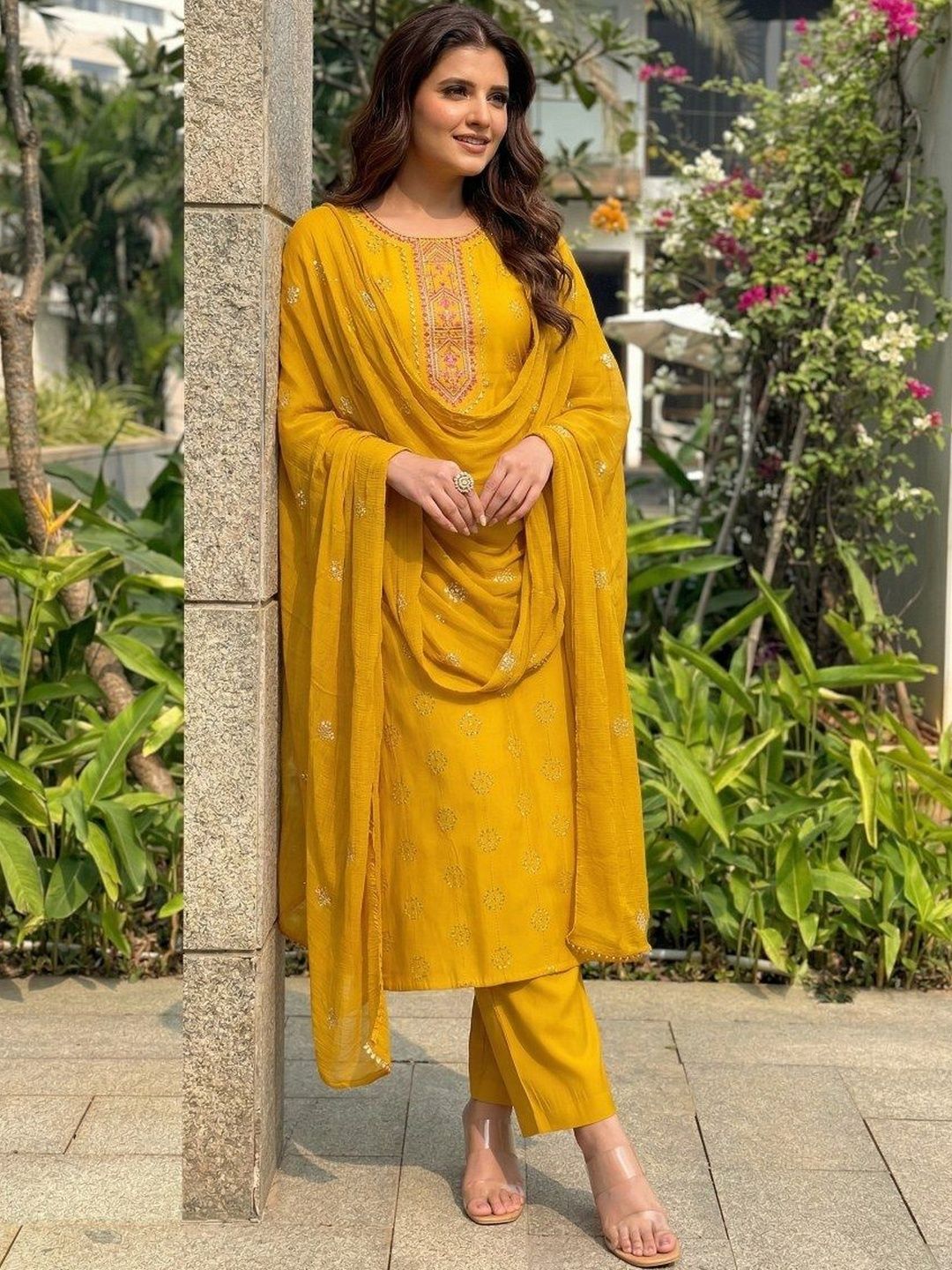 KALINI Ethnic Motifs Embroidered Thread Work Silk Georgette Kurta with Trousers & Dupatta-picture-17