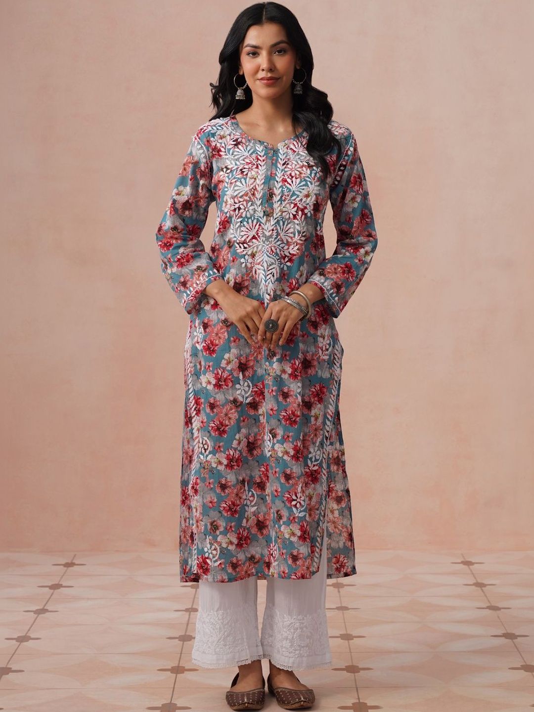 House of Chikankari Women Floral Printed Chikankari Floral Kurta-picture-22