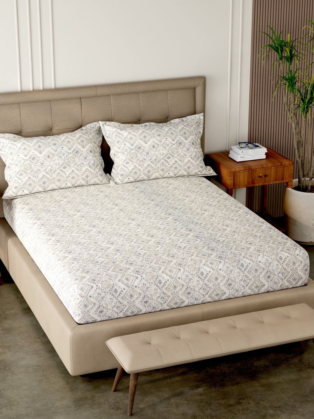 Pure Decor Off White & Brown Geometric 180 TC Bedsheet with 2 Pillow Covers-image-41
