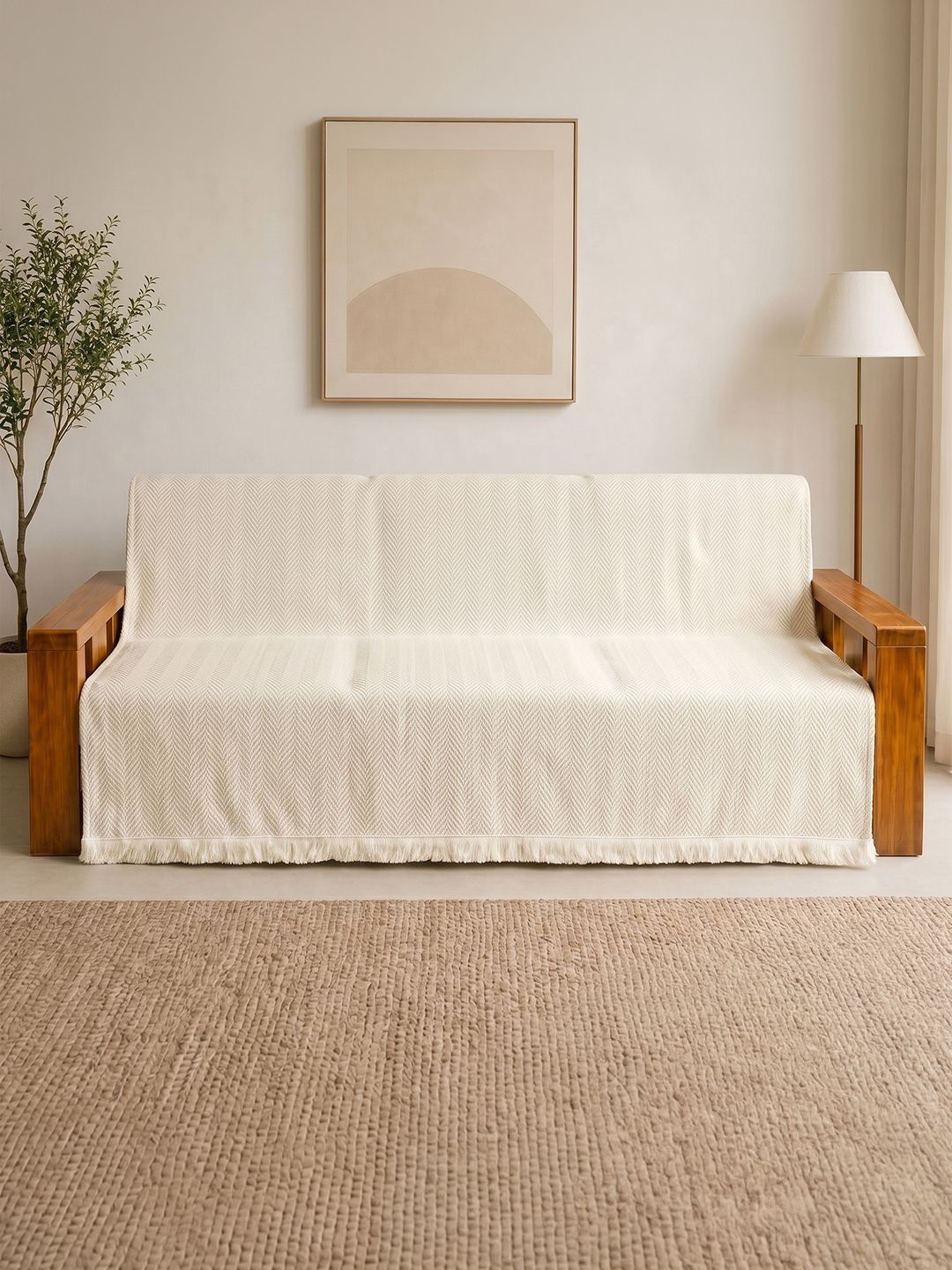 Story@home Off White & Cream-Coloured Printed 1 Piece Sofa Cover Without Arms-picture-42
