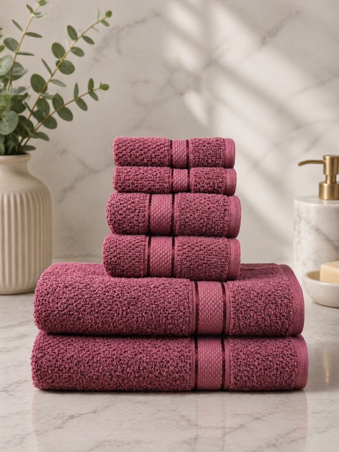 SENSES Textured Rice Weave Burgundy Cotton 550 GSM 6Pcs Absorbent Antimicrobial Towel Set-picture-31