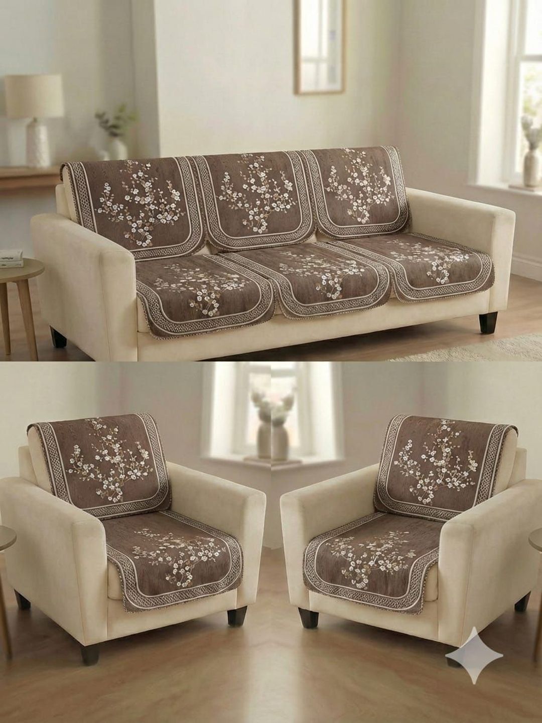 RAINBOW FURNISHINGS Coffee Brown & Brown Embroidered Viscose Rayon Blend Sofa Cover With Arms-picture-14