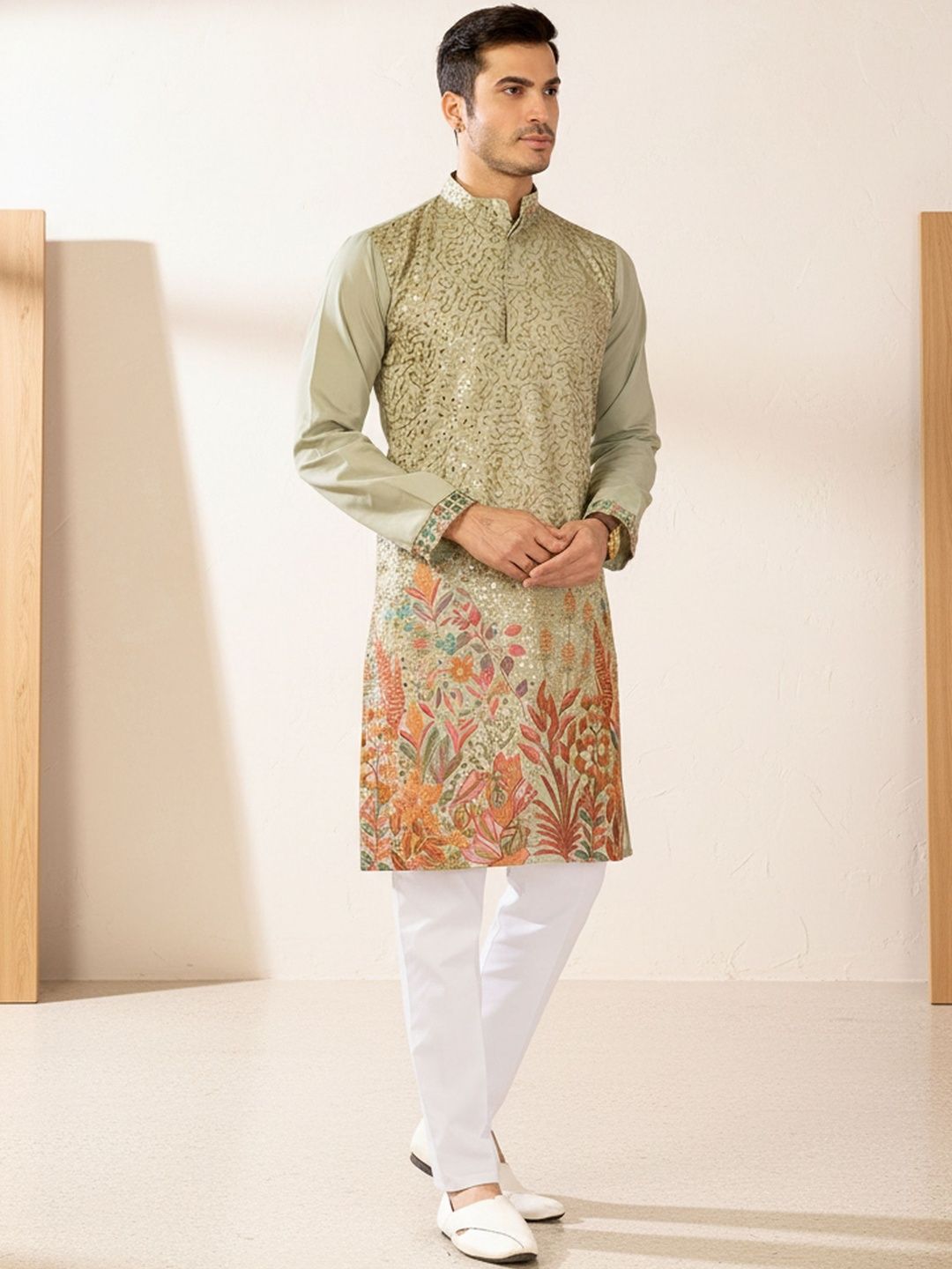 RANGRAAG Men Floral Embroidered Sequinned Floral Kurta-image-35