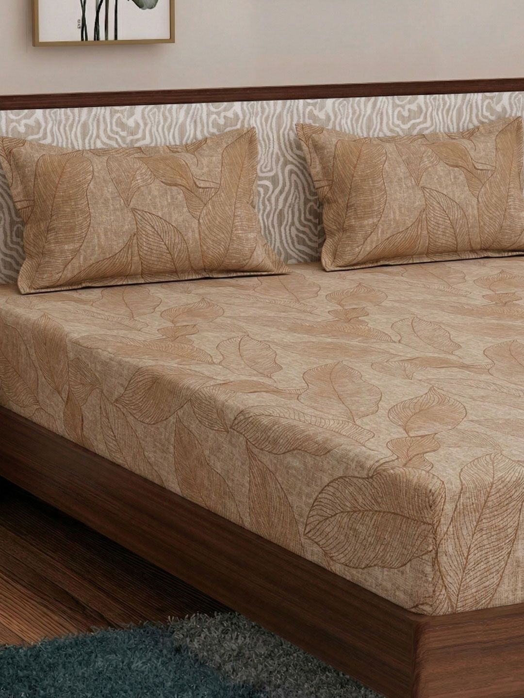 Monte Carlo Brown Leaf Printed 120 GSM King Bedsheet With 2 Pillow Covers 106" x 98"-picture-12