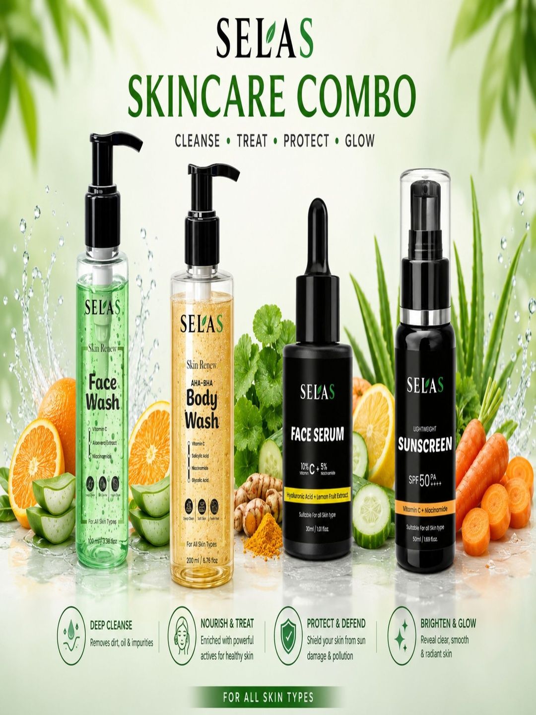 SELAS Set Of 4 Face Wash Body Wash Face Serum & SPF 50 Sunscreen-image-40