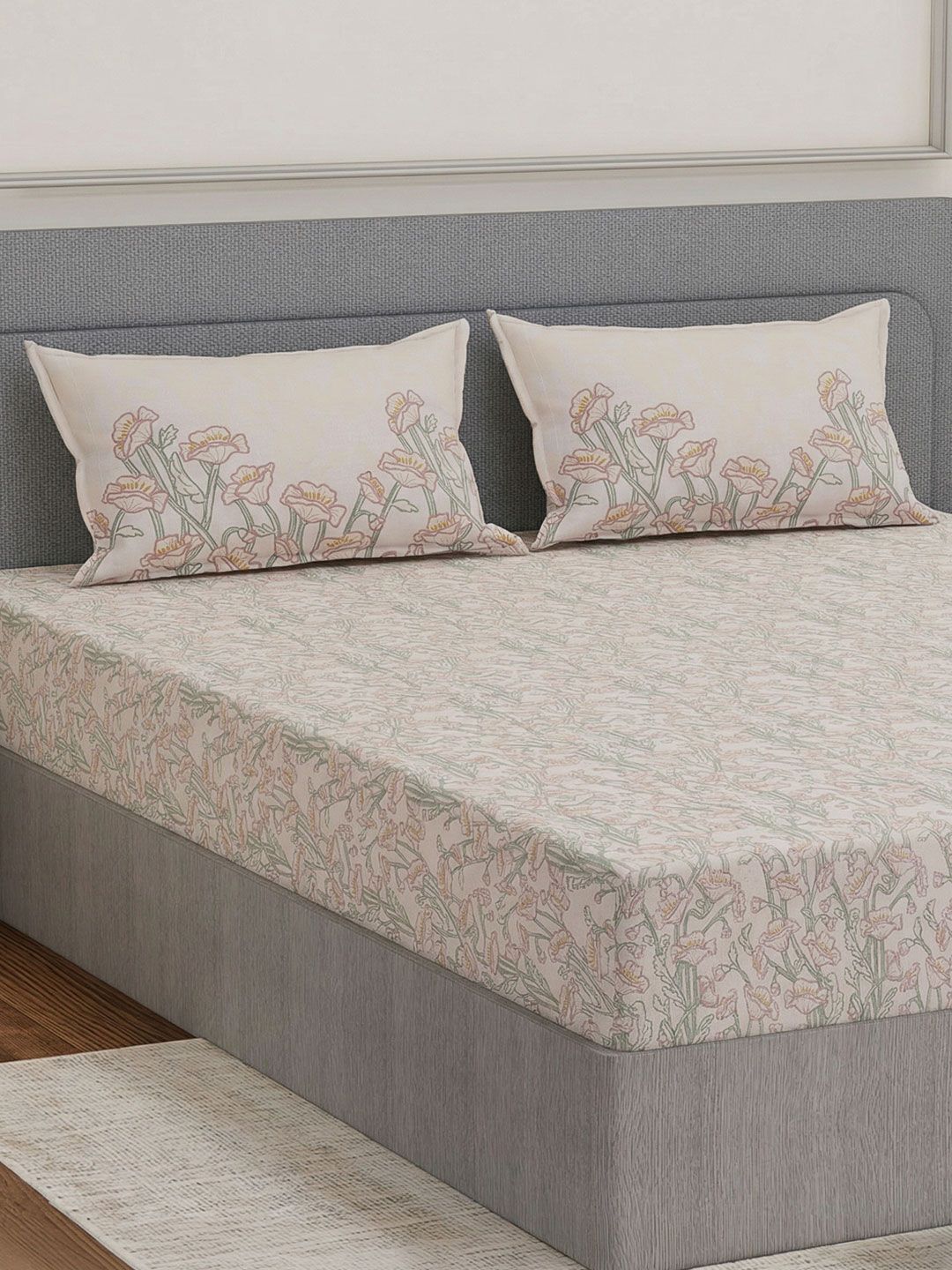 Monte Carlo Cream-Coloured Floral 200 TC Bedsheet with 2 Pillow Covers-picture-21