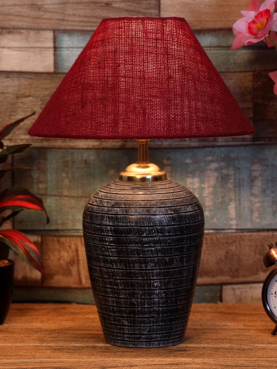 BrightDaisy Maroon Textured Terracotta Frusturical Shaped Table Lamp-image-17
