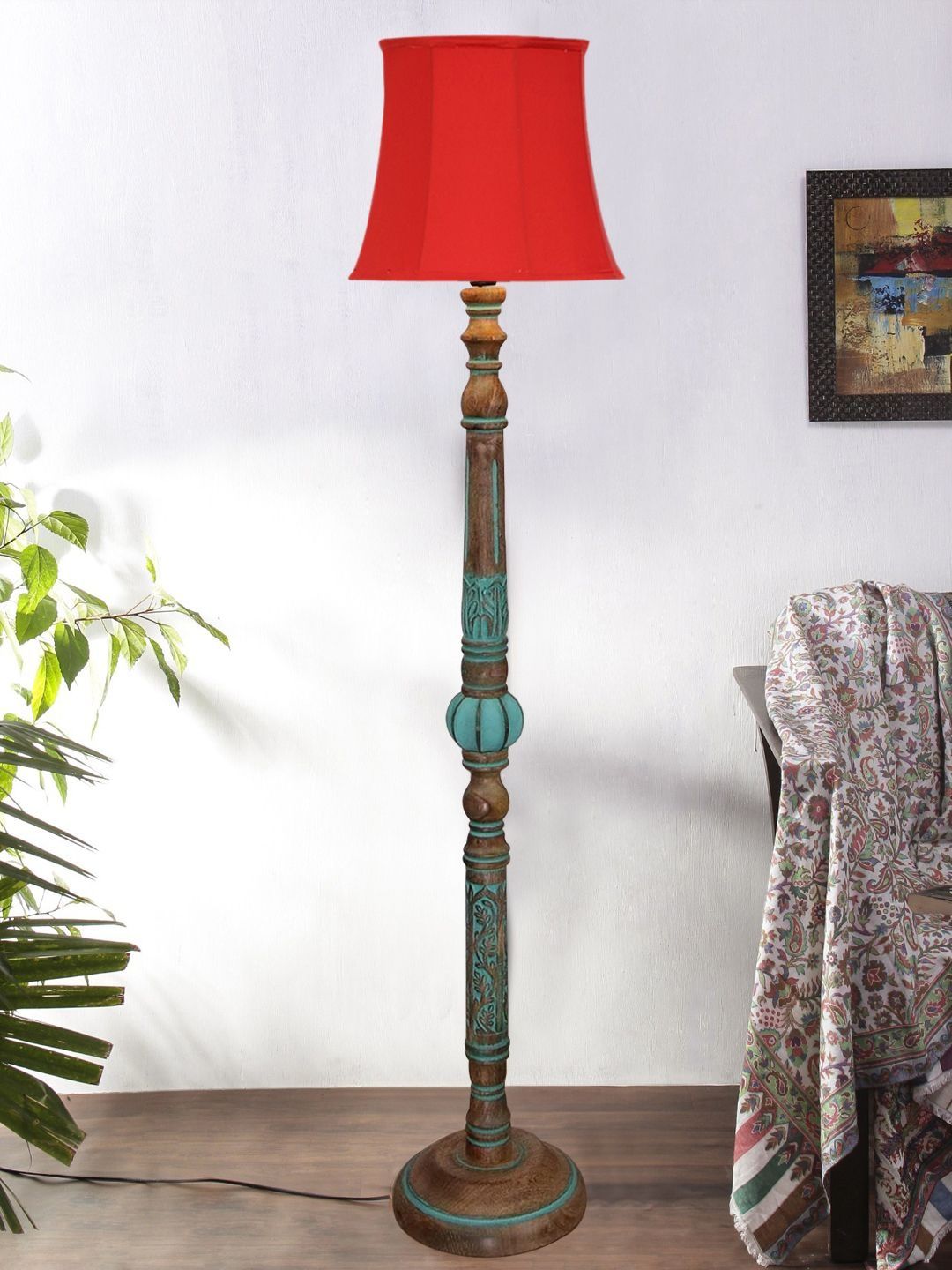 Myntra Elegant Homes Red & Brown Wooden Tripod Floor Lamp-image-34