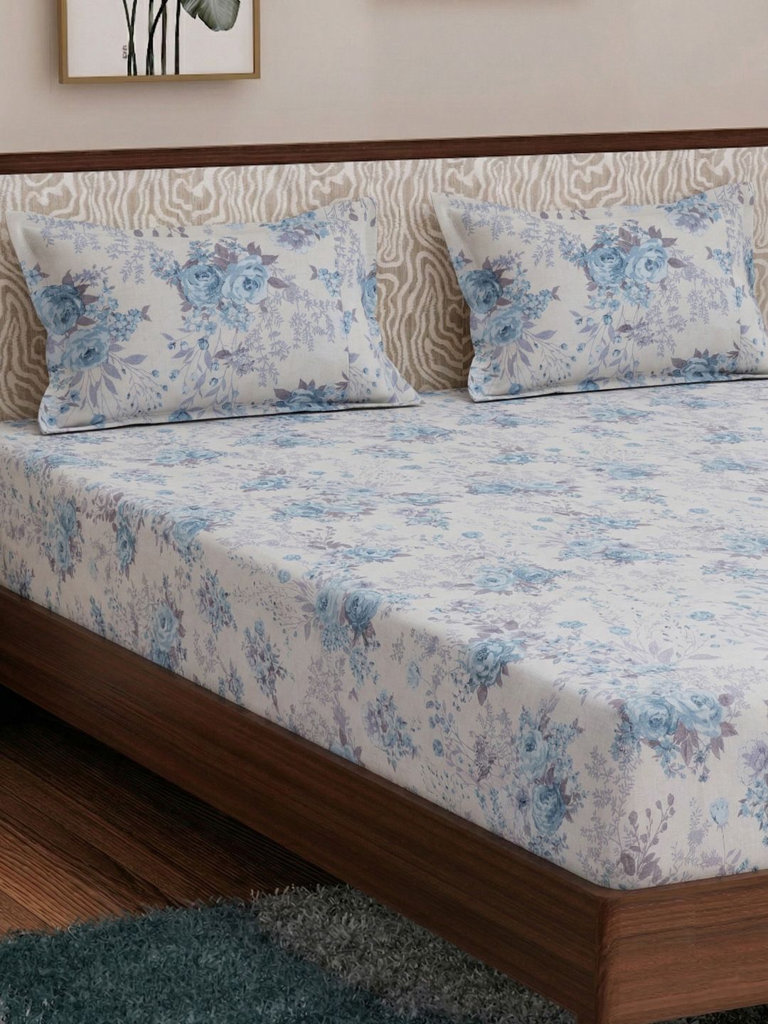 Monte Carlo Off White & Grey Floral Printed 120 GSM King Bedsheet 2.70 m x 2.50 m-image-27
