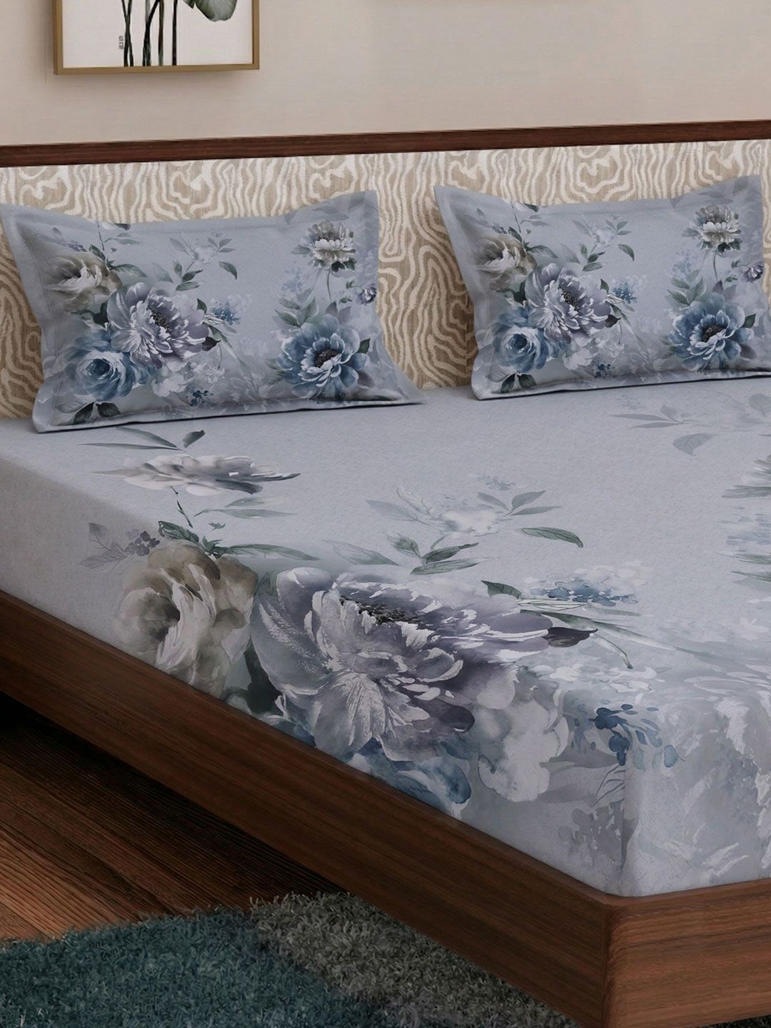 Monte Carlo Grey Floral King Bedsheet with 2 Pillow Covers-picture-26