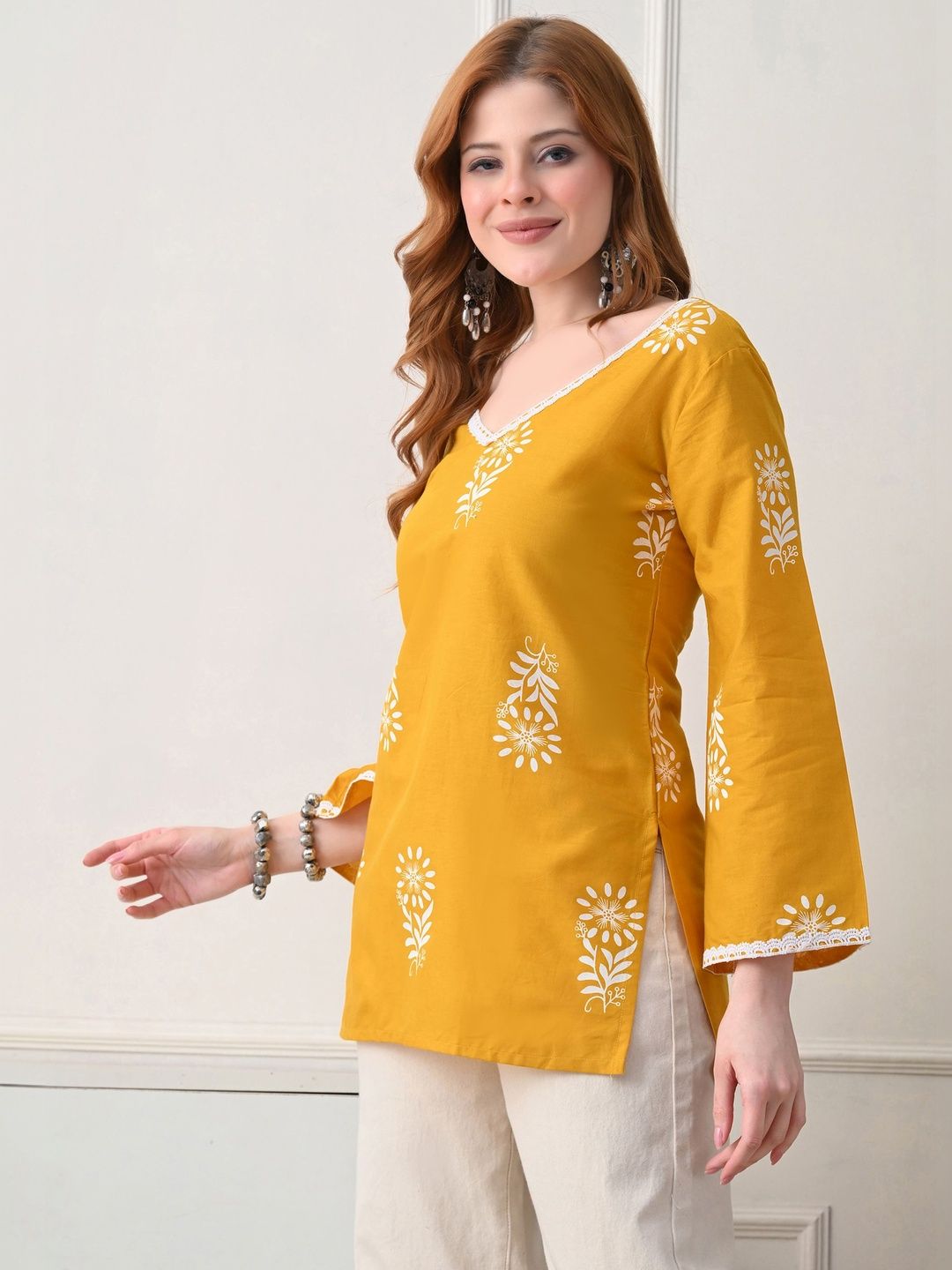 Koito Floral Embroidered V-Neck Flared Sleeves Pure Cotton Kurti-picture-13