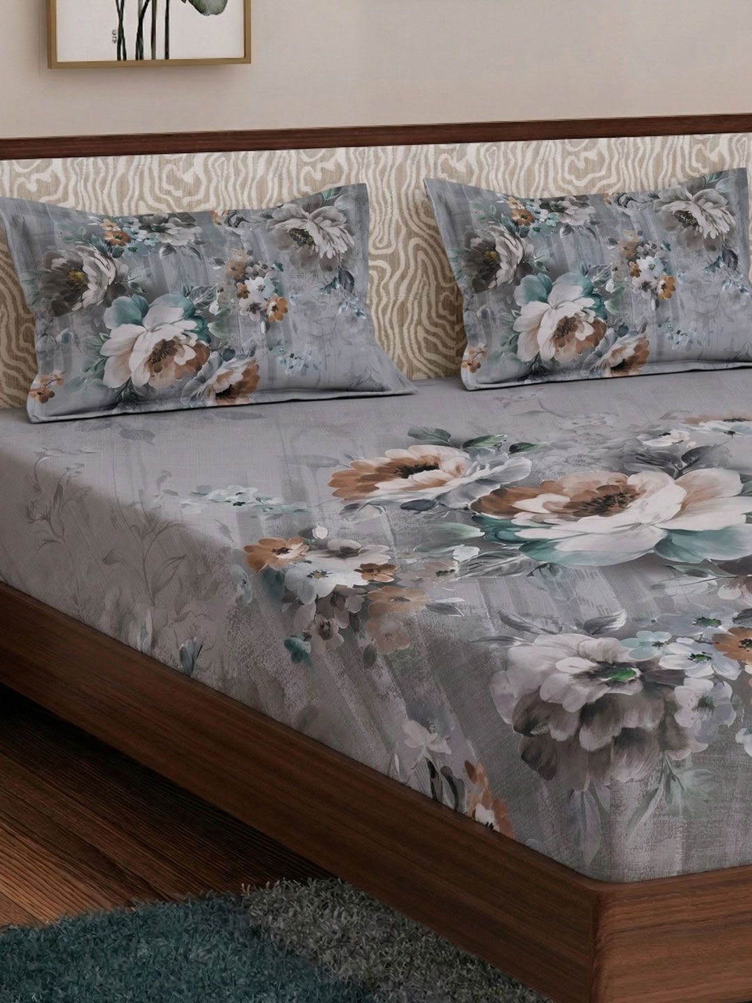 Monte Carlo Grey Floral Printed 120 GSM King Bedsheet 2.70 m x 2.55 m-picture-12