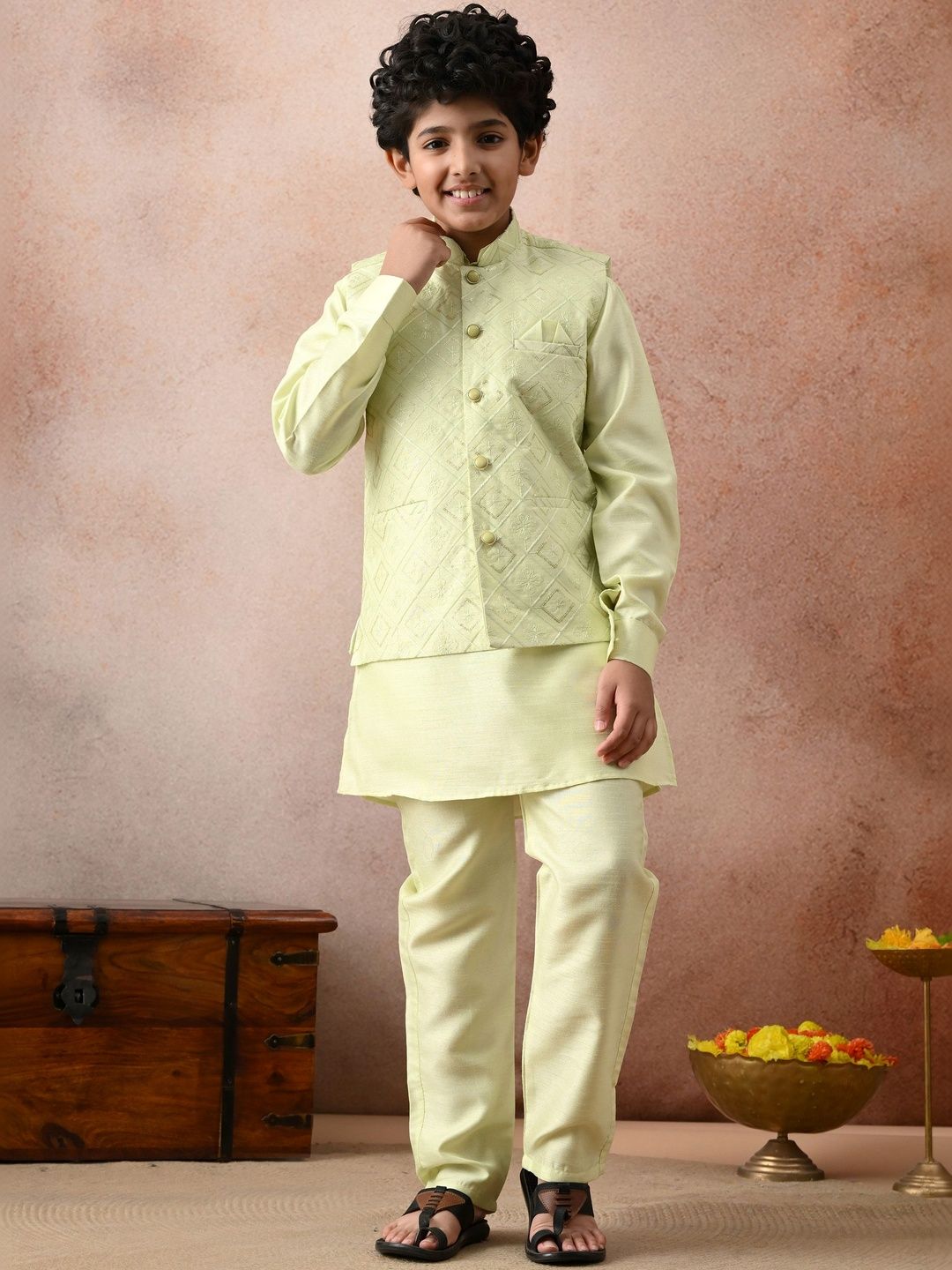 joley poley Boys Ethnic Motifs Regular Thread Work Dupion Silk Kurta with Pyjamas-picture-35