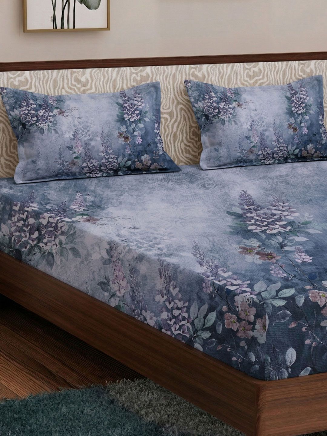 Monte Carlo Blue & Grey Floral Bedsheet with 2 Pillow Covers-picture-43