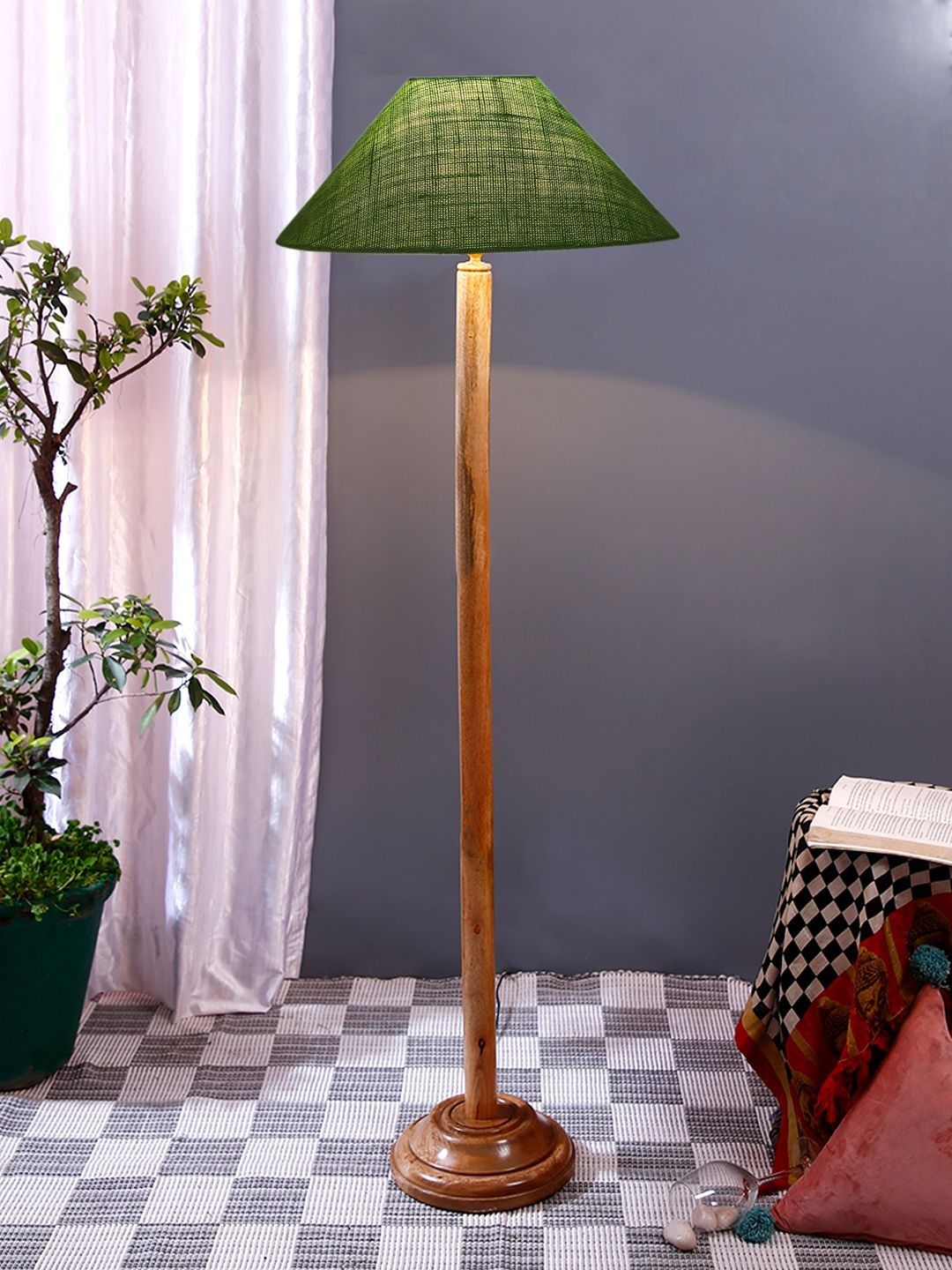 Myntra Elegant Homes Green & Brown Wooden Tripod Floor Lamps-image-3