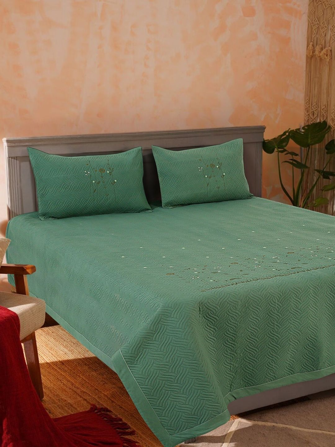 Dhrohar Green Floral Cotton Double Bed - Queen Bed Covers-image-4