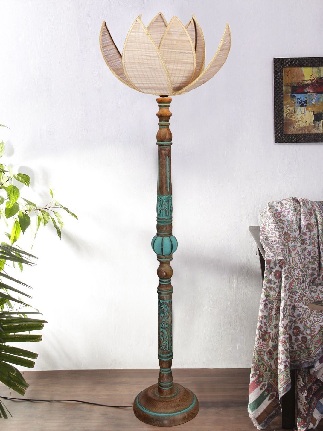 Myntra Elegant Homes Beige & Brown Wooden Tripod Floor Lamp-image-33