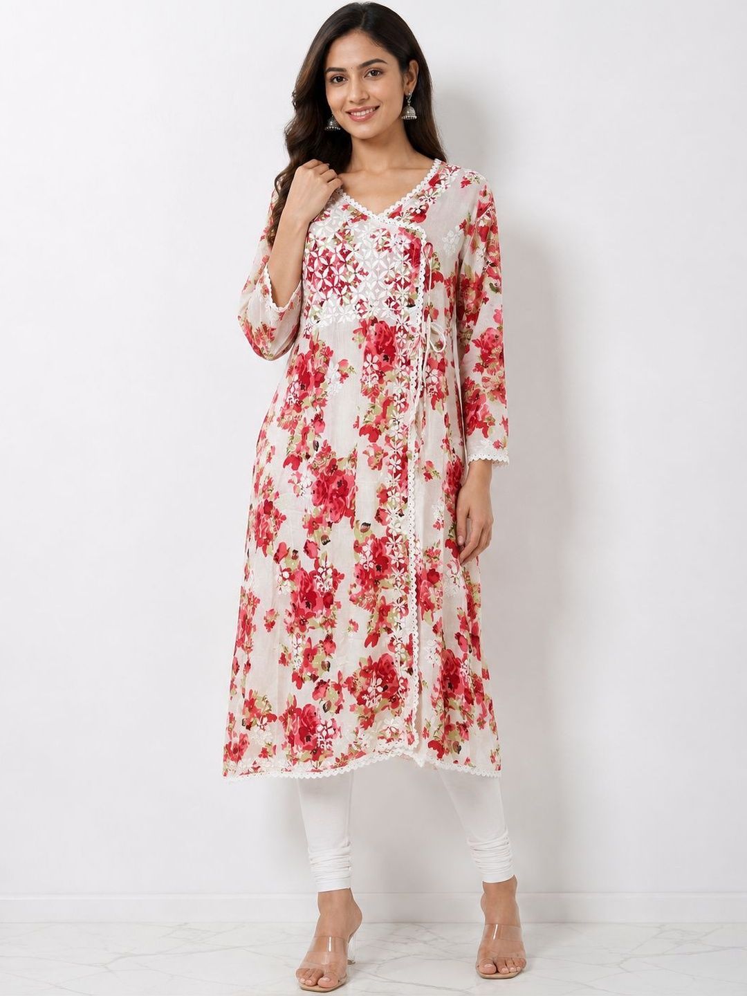 ANAAB Floral Printed V-Neck Thread Work Pure Cotton Thread Work Angrakha Kurti-picture-58