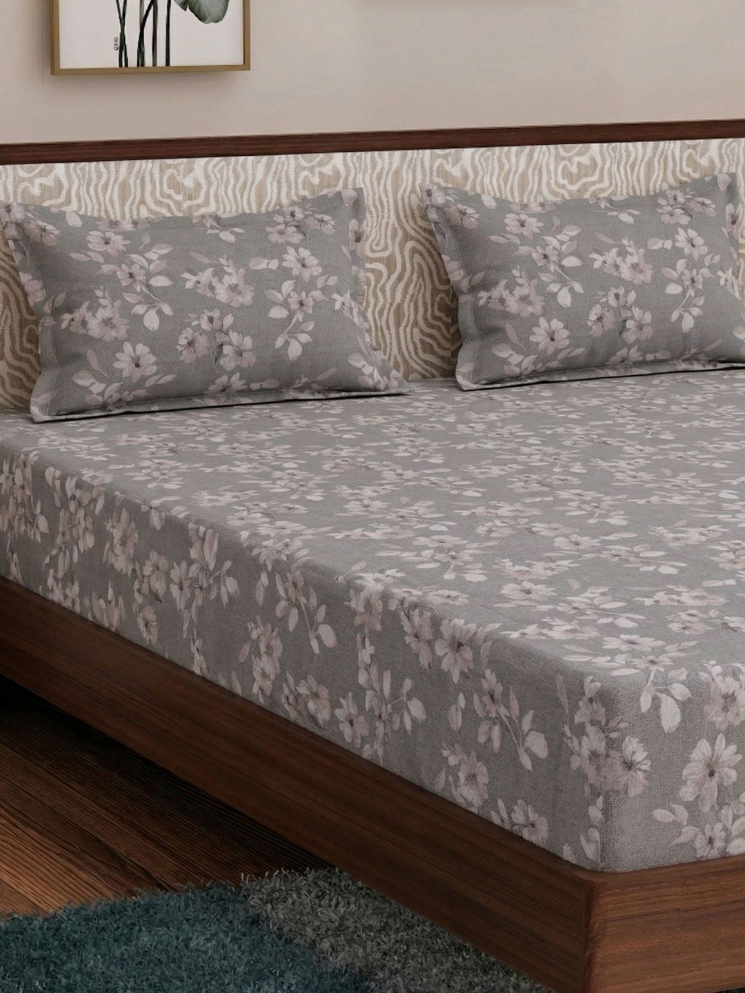 Monte Carlo Grey & White Floral Double Bedsheet with 2 Pillow Covers-image-17