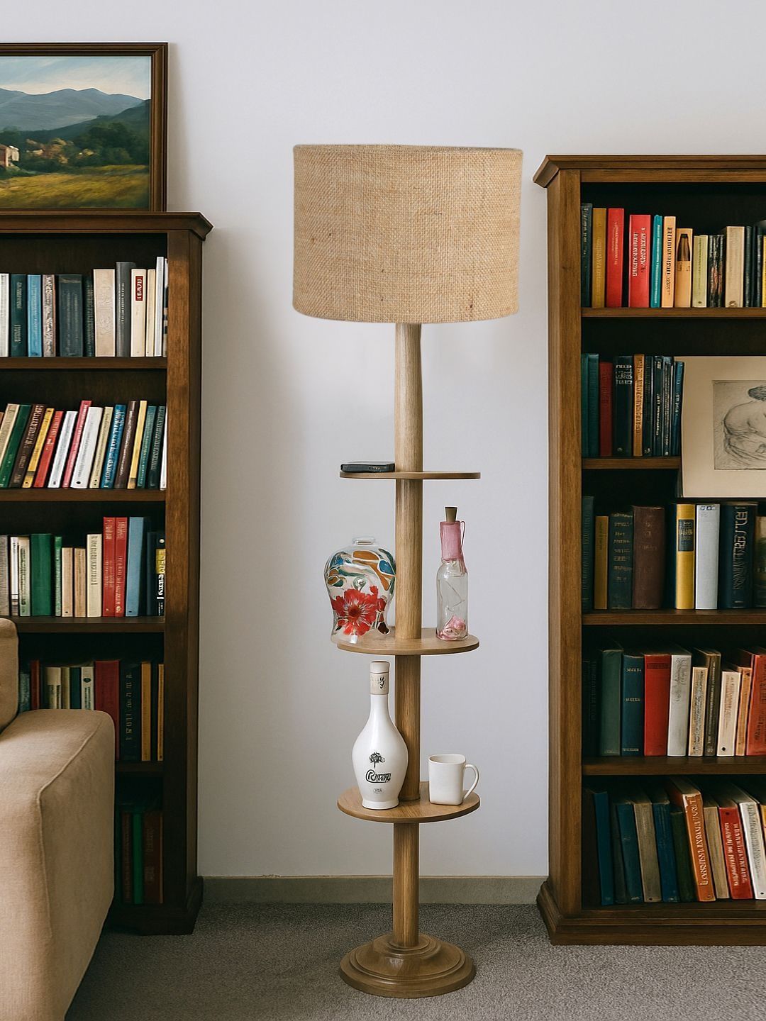 Myntra Elegant Homes Beige & Tan Wooden Tripod Floor Lamps-image-16