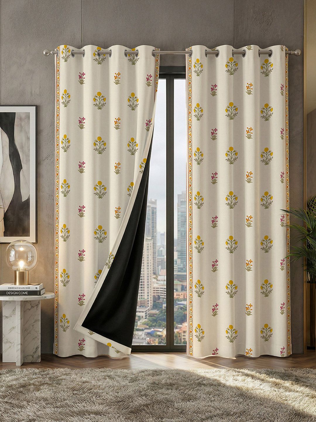 URBAN SPACE Off White & Yellow Set of 2 Floral Black Out Long Door Curtain-image-30