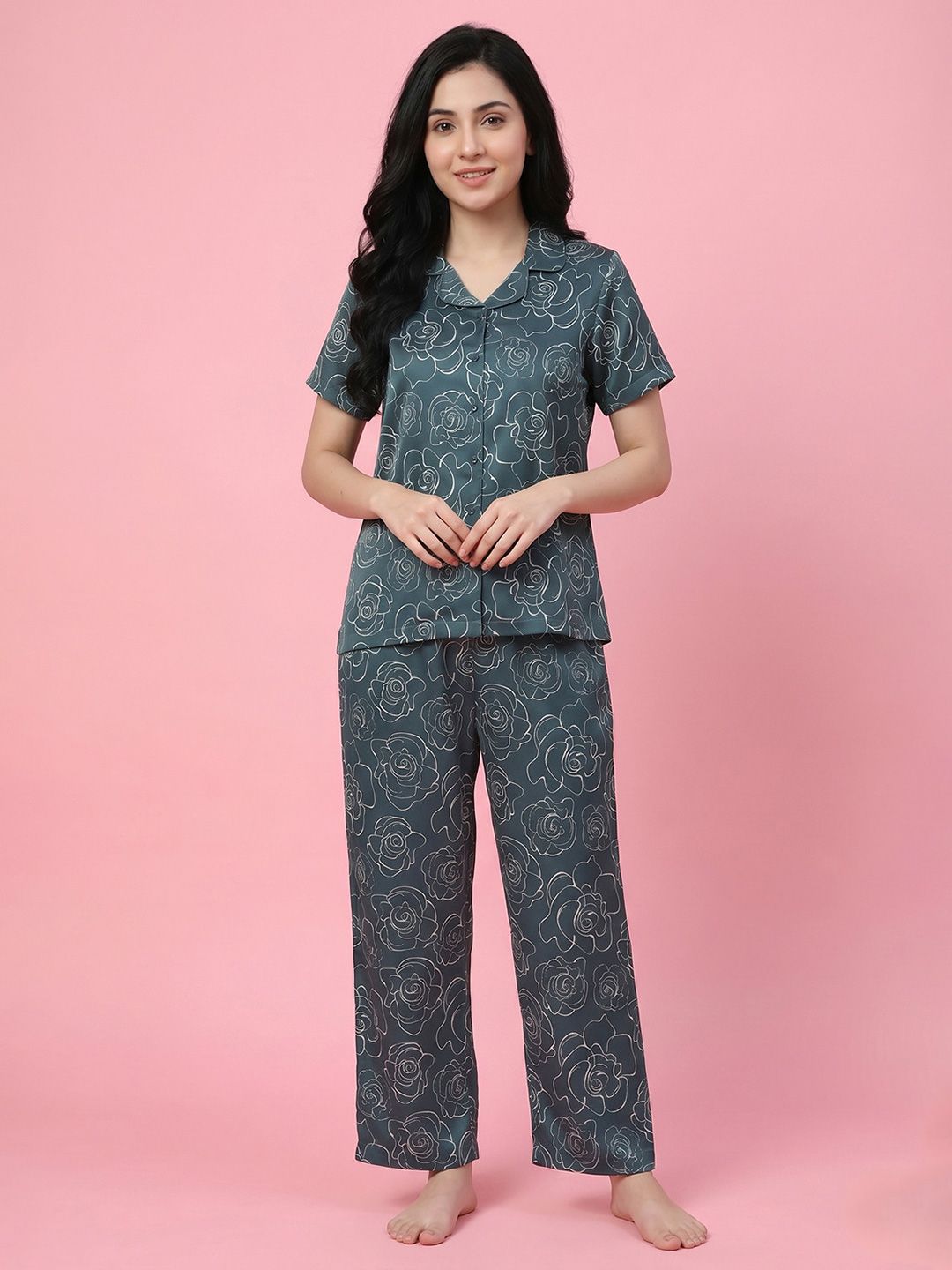 Zivame Women Satin Floral Printed Pyjama Set-picture-23