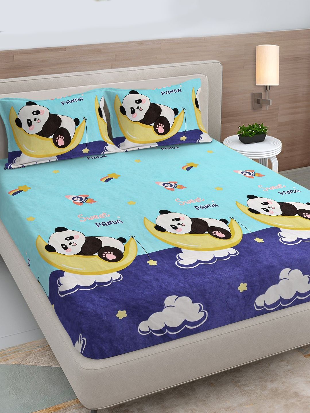FABINALIV Blue Cartoon Characters 300 TC Single Bedsheet with 2 Pillow Covers-image-18