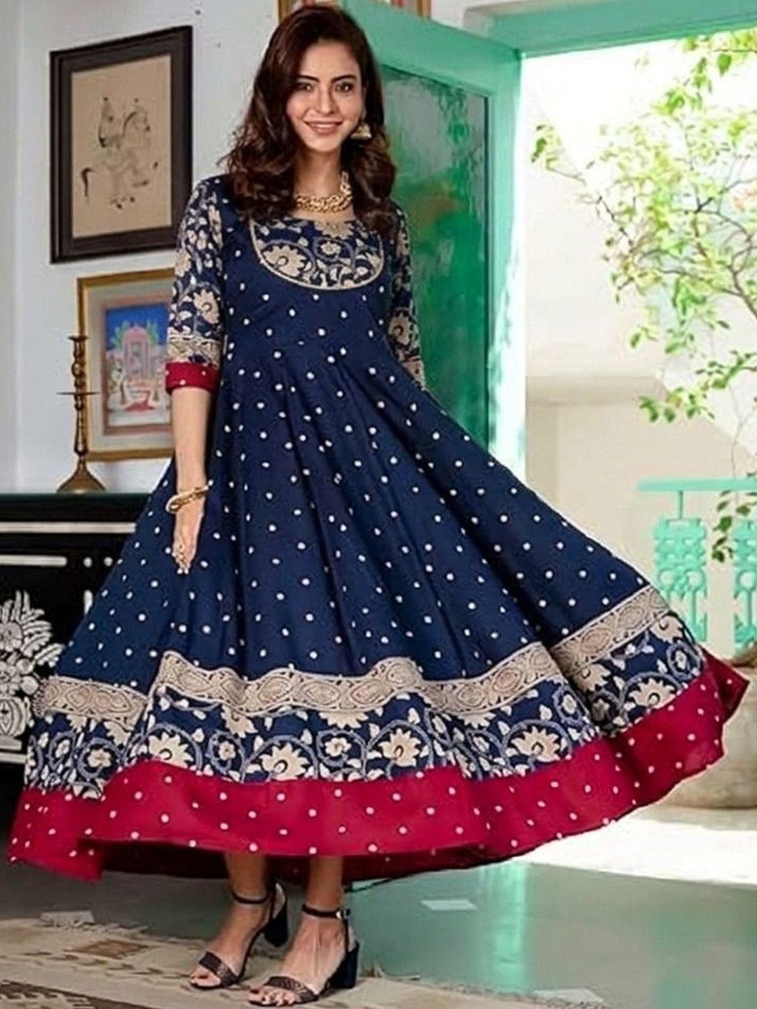 ANUTTARA FASHIONS Women Polka Dot Printed Thread Work Indie Prints Anarkali Kurta-picture-44
