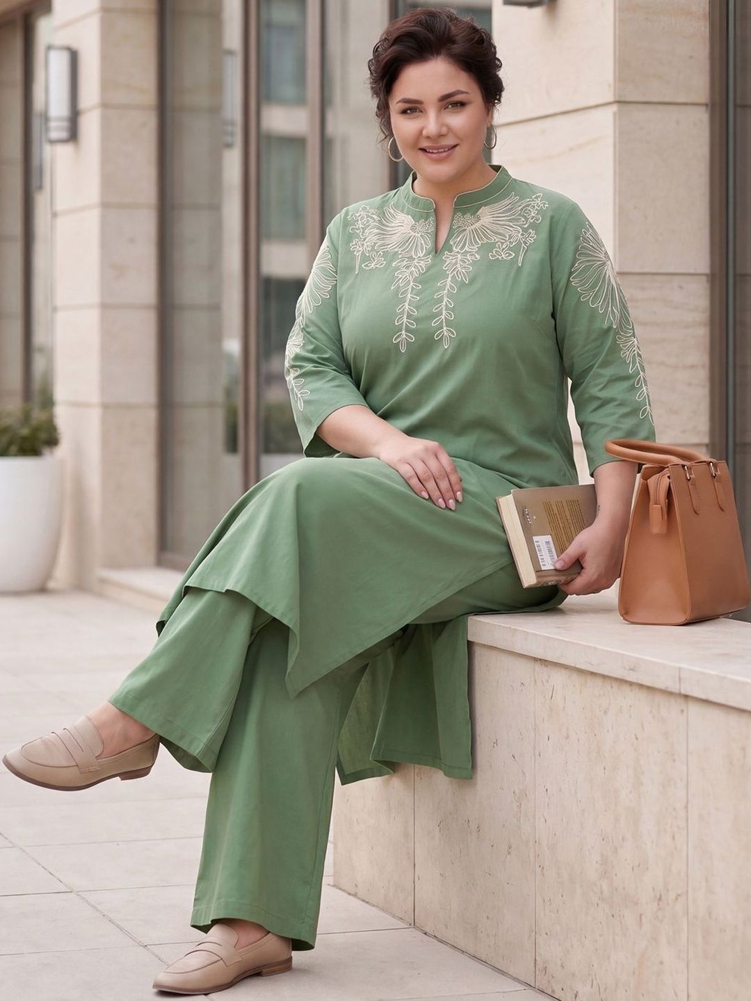 Indo Era Plus Size Green Embroidered Straight Kurta Trousers Set-picture-13