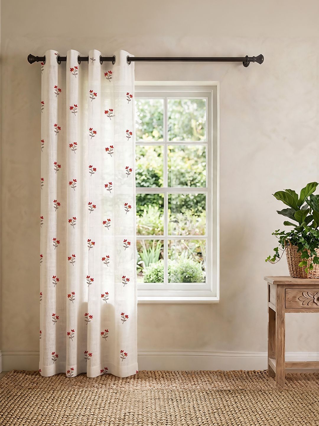 URBAN SPACE White & Pink Embroidered Sheer Long Door Curtain-picture-12