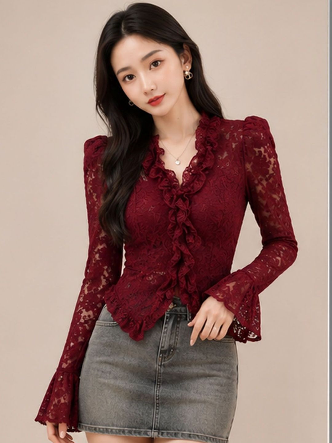 Suo Embroidered Flared Sleeve Ruffles Top-picture-12