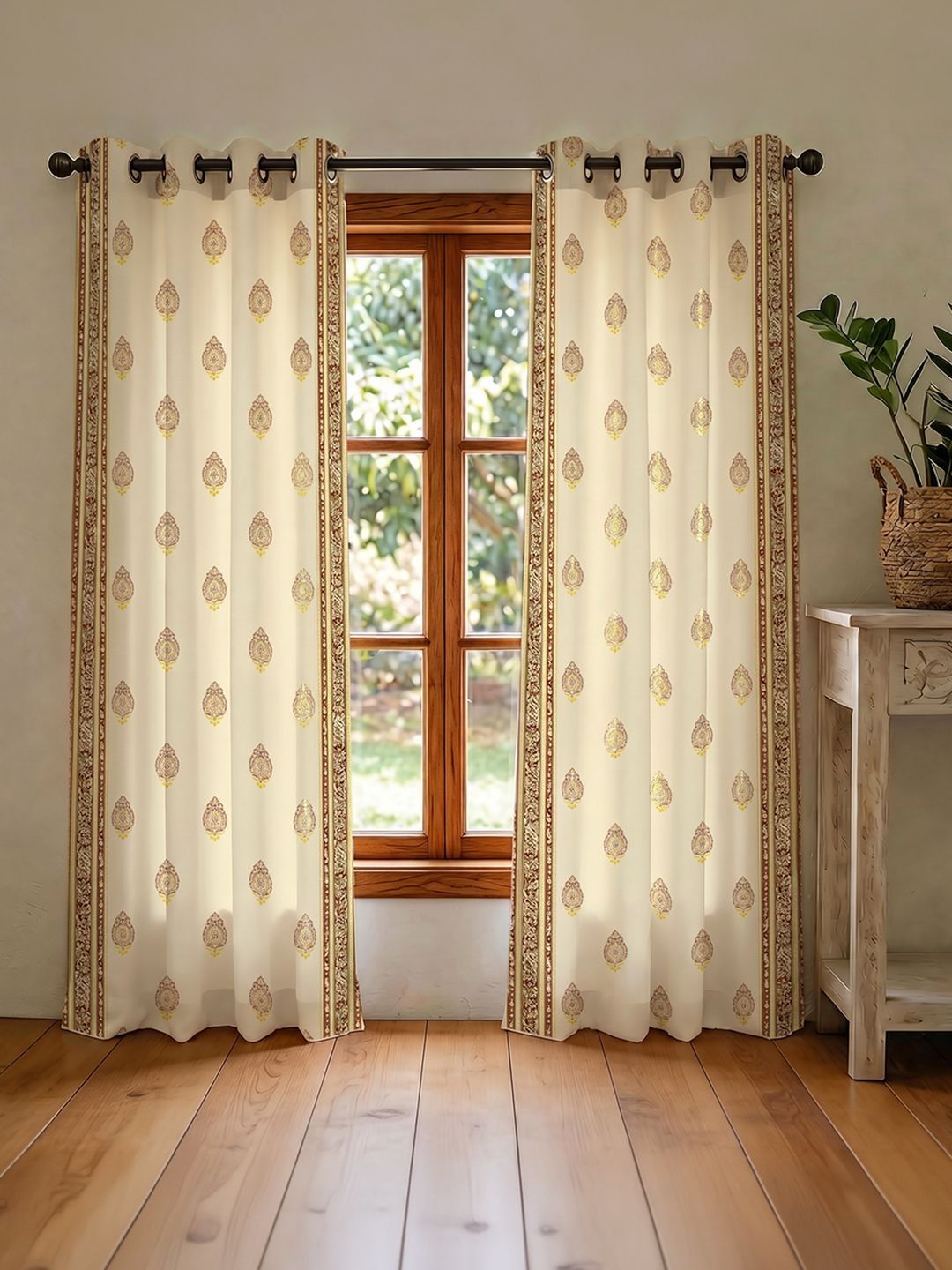 URBAN SPACE Off White Set of 2 Floral Room Darkening Long Door Curtain-picture-40
