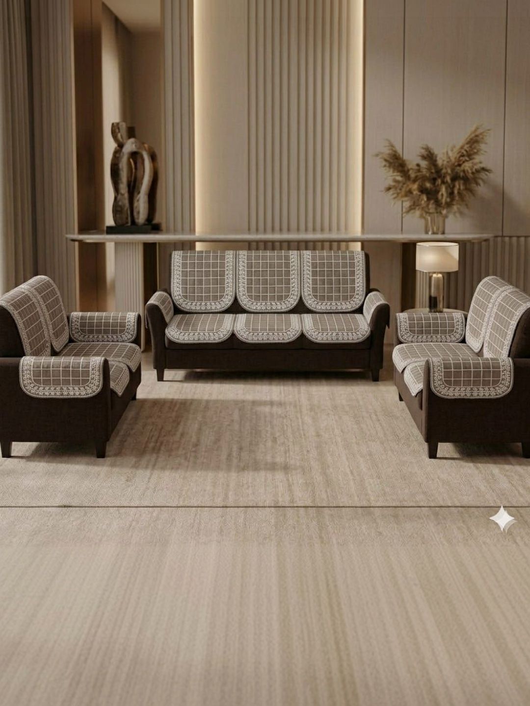 KANUM Coffee Brown & Grey Checked Polyester Blend Sofa Cover With Arms-image-42