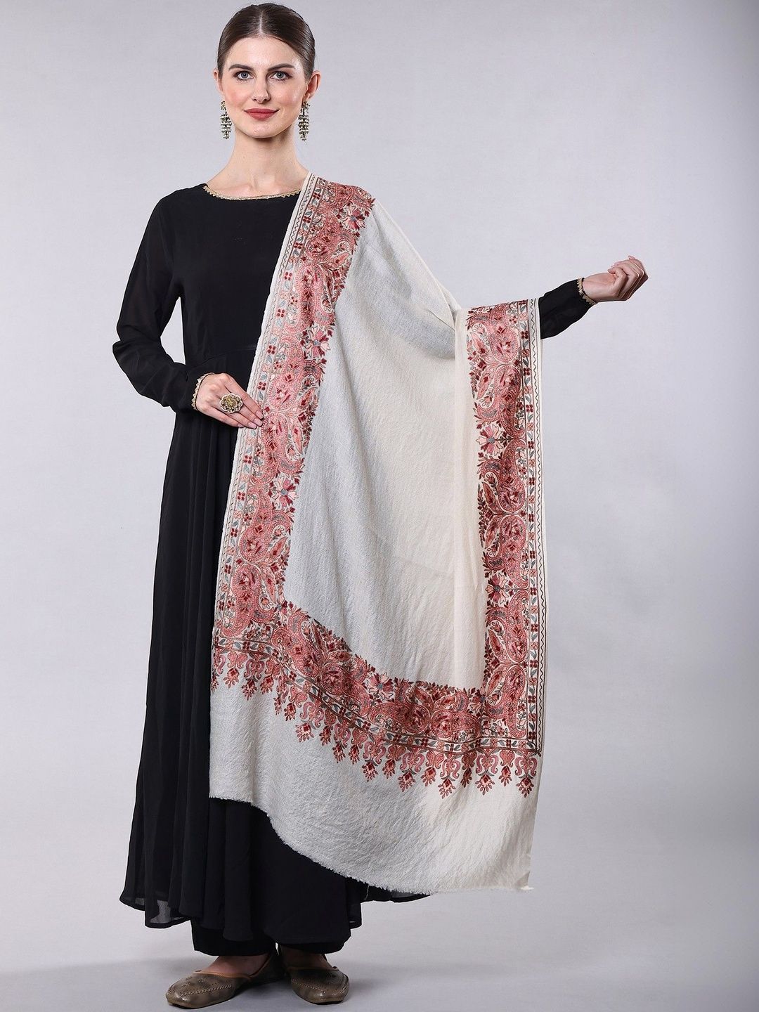 exotic india Pure Wool Stole with Chain Stitch Aari Embroidered Paisleys Border from Amritsar-picture-43