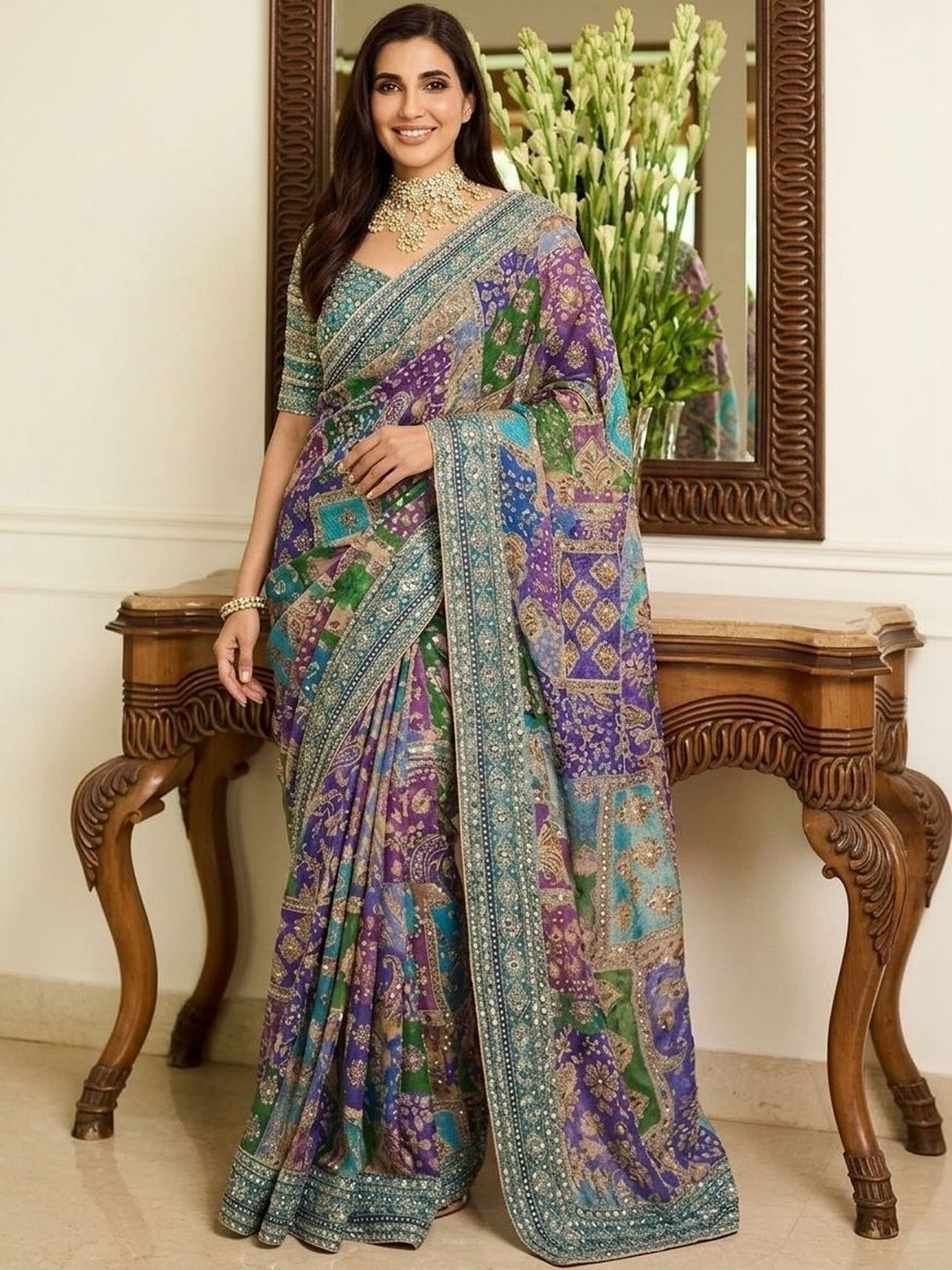 Sangria Embellished Mirror Work Sarees With Unstitched Blouse Piece-image-16