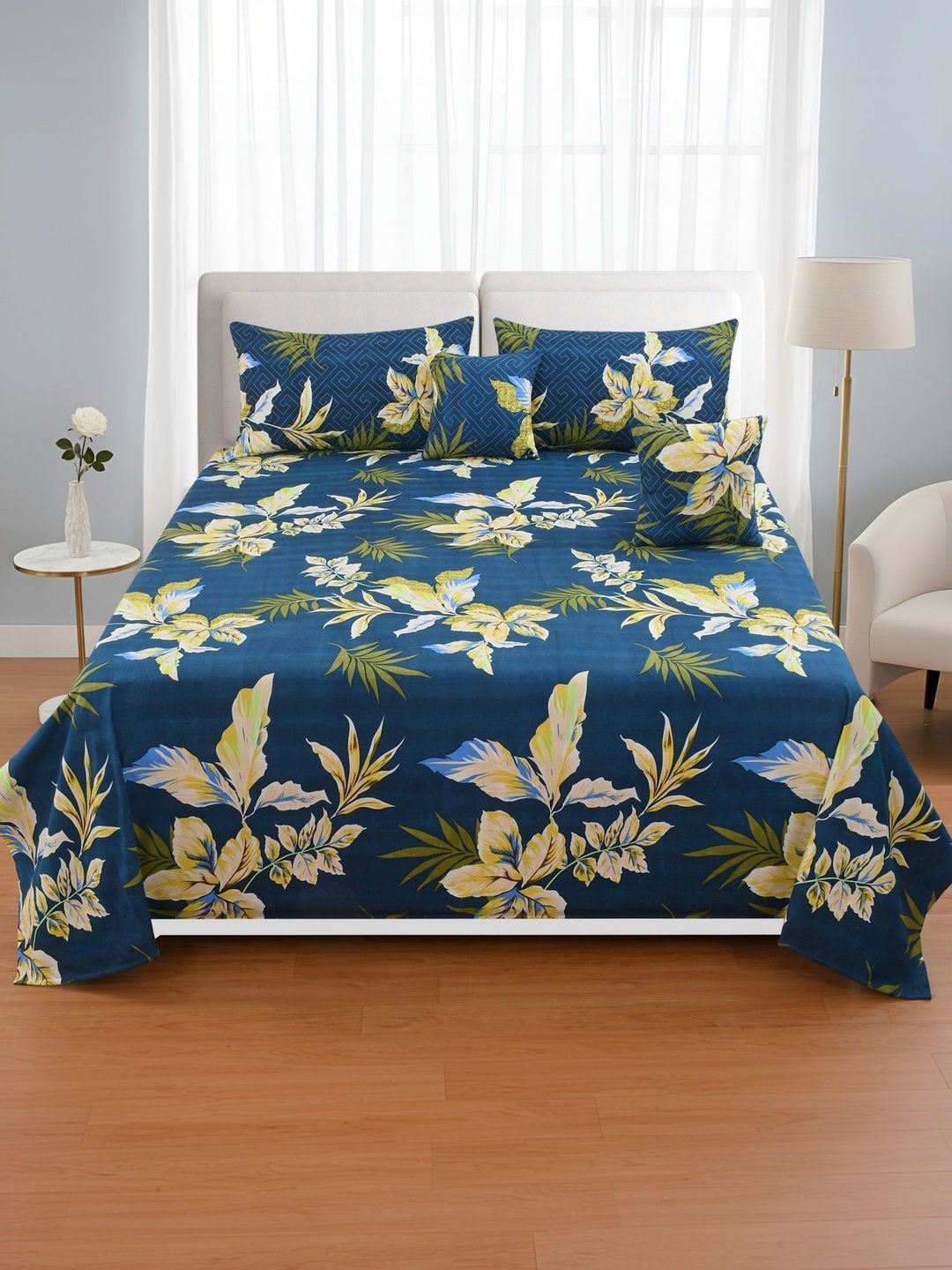 Homio Green & Yellow Floral Polycotton 5 Piece Double King Superfine Bedding Set-image-25