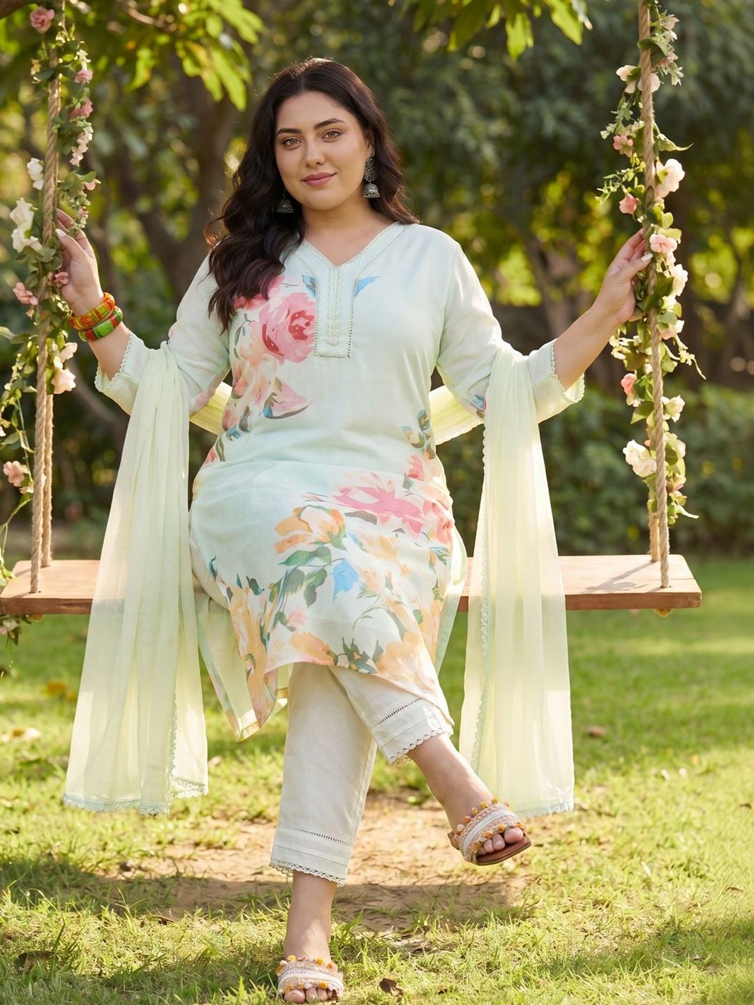 Indo Era Plus Size Sea Green Printed Straight Kurta Trousers With Dupatta Set-picture-16