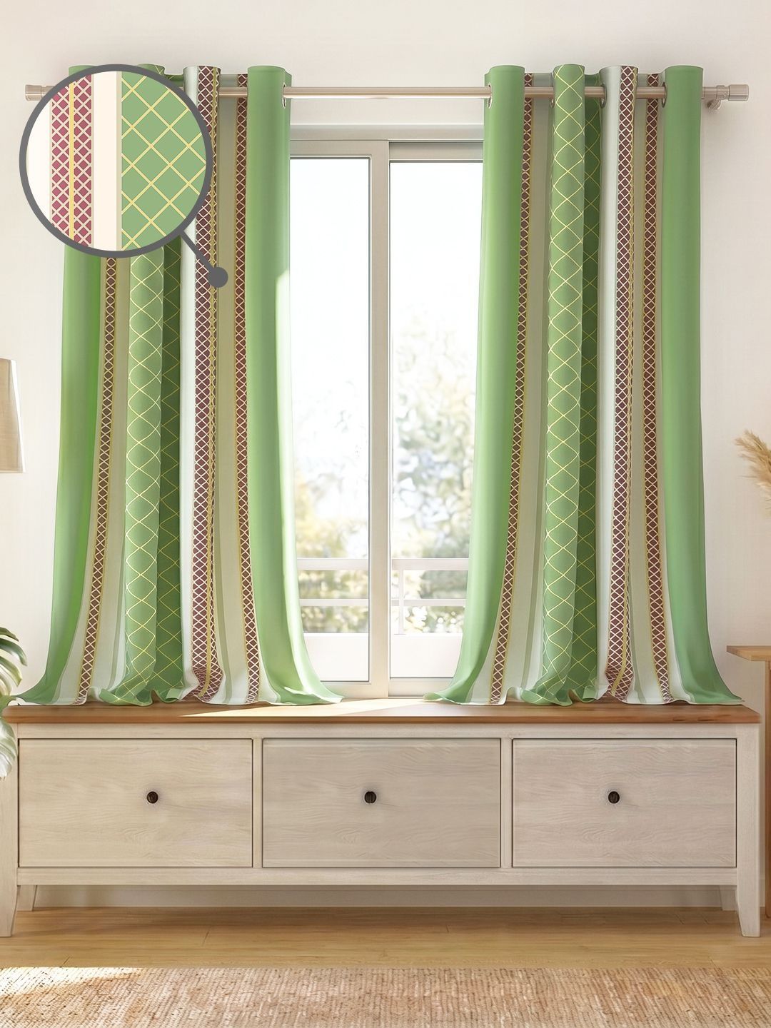 Story@home Green & Off White Set of 2 Geometric Room Darkening Window Curtain-image-29