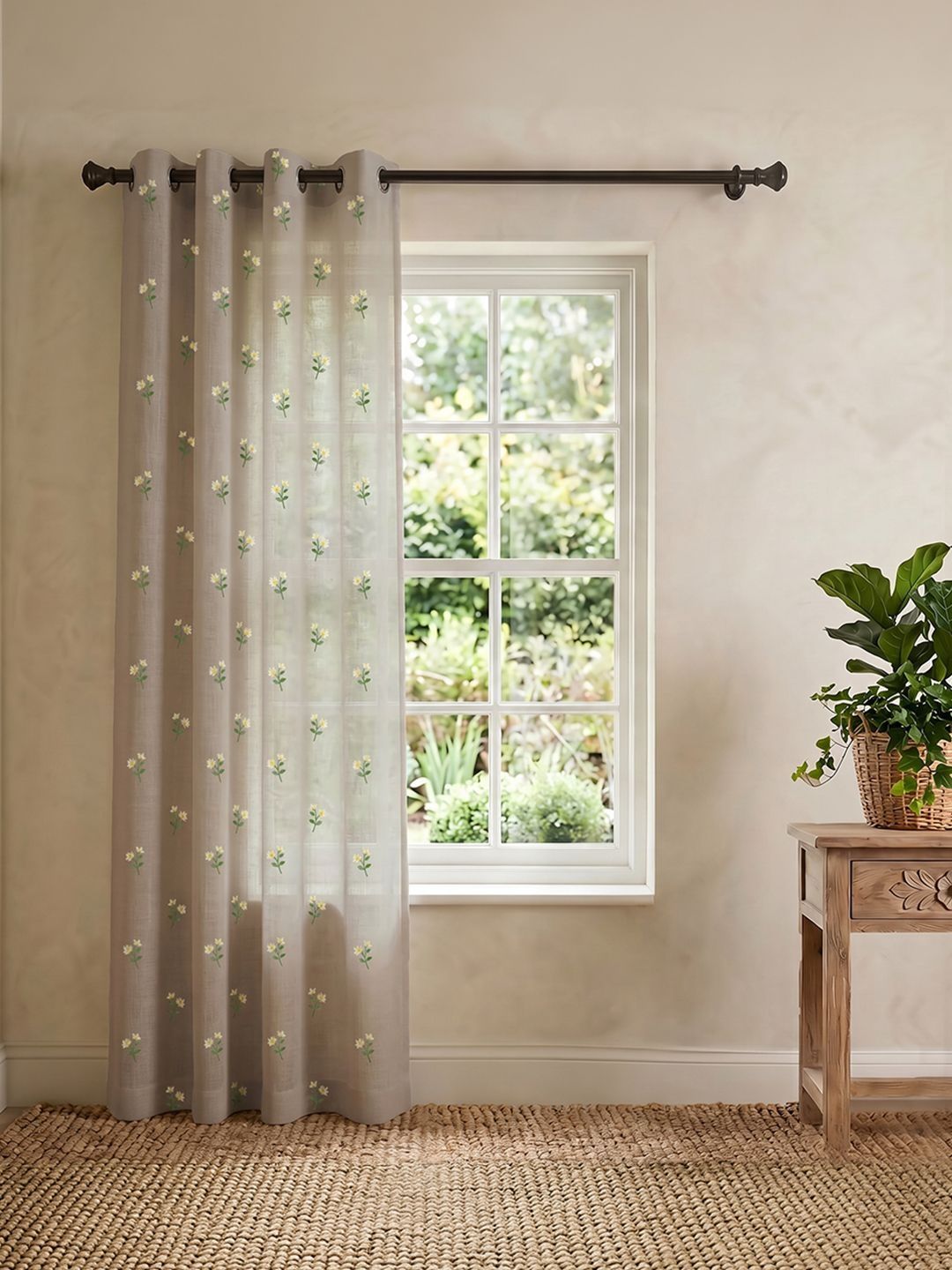 URBAN SPACE Brown & Yellow Embroidered Sheer Door Curtain-picture-17