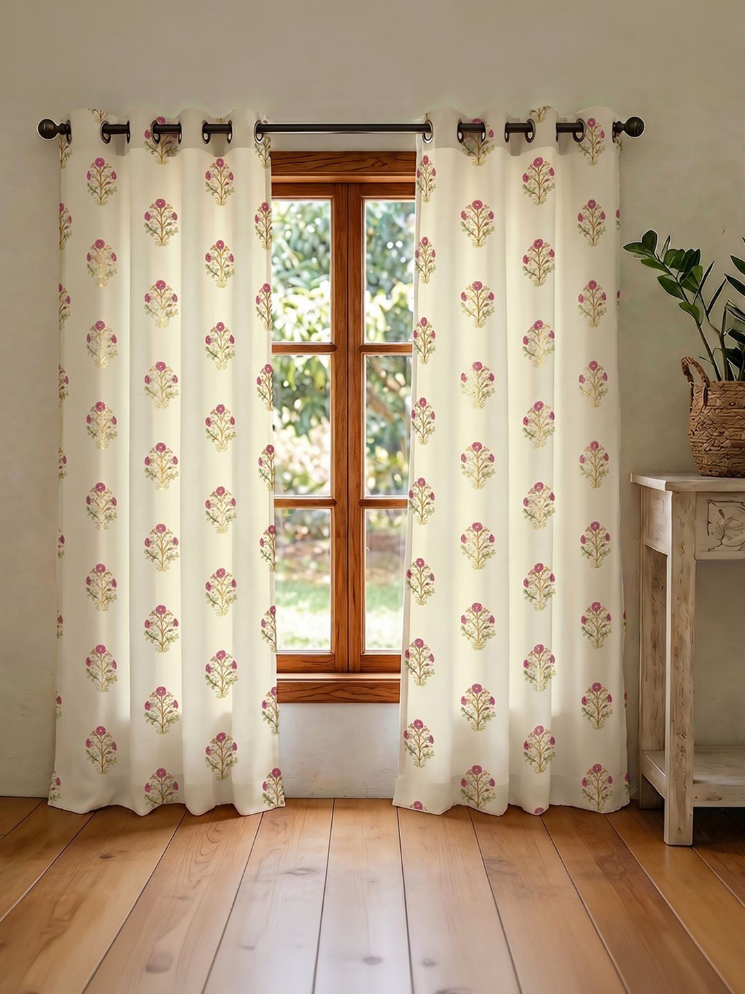 URBAN SPACE Off White Set of 2 Floral Room Darkening Window Curtain-picture-46