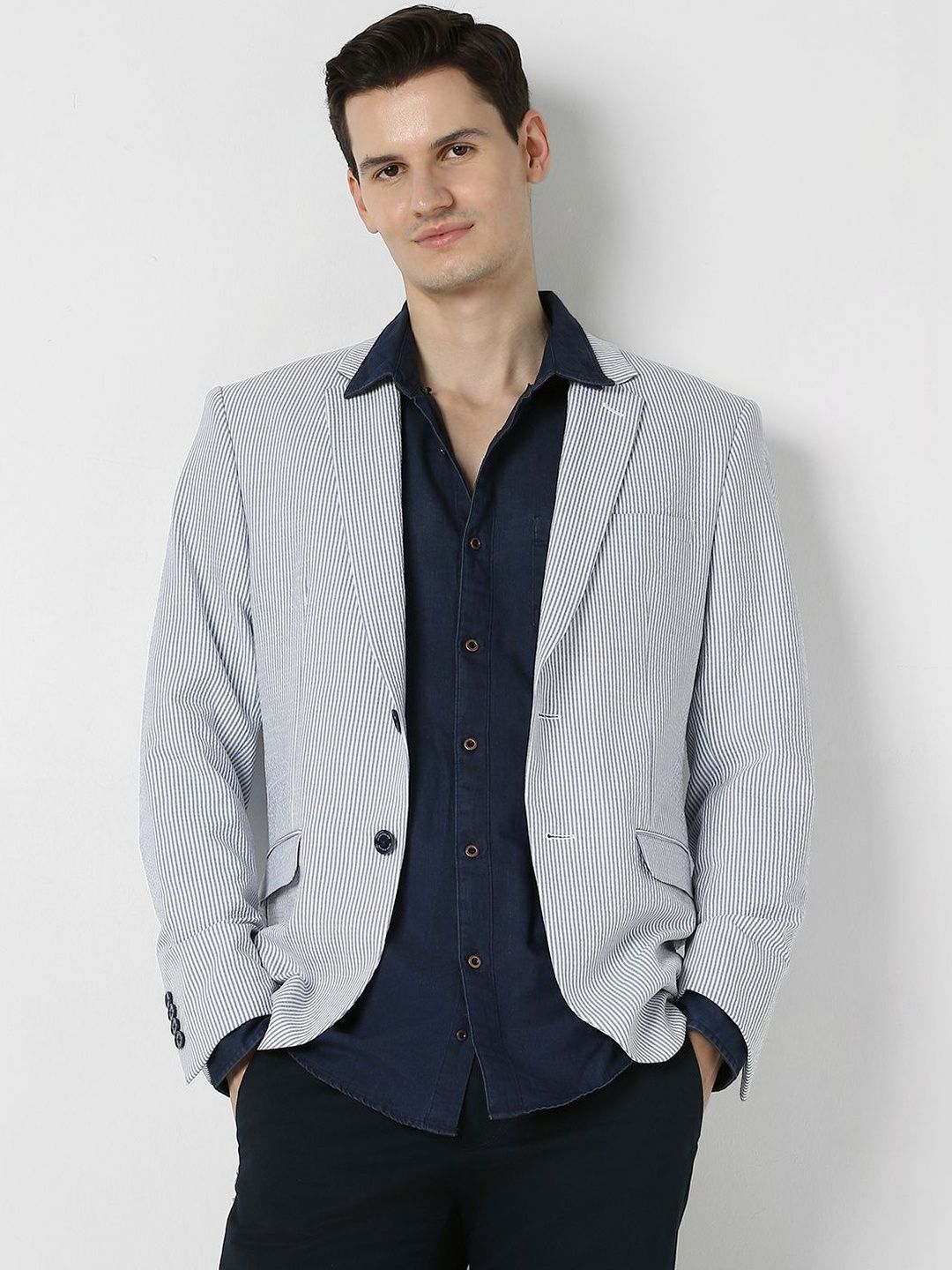 Peter England Casuals Striped Notched Lapel Single-Breasted Slim Fit Formal Blazers-picture-40