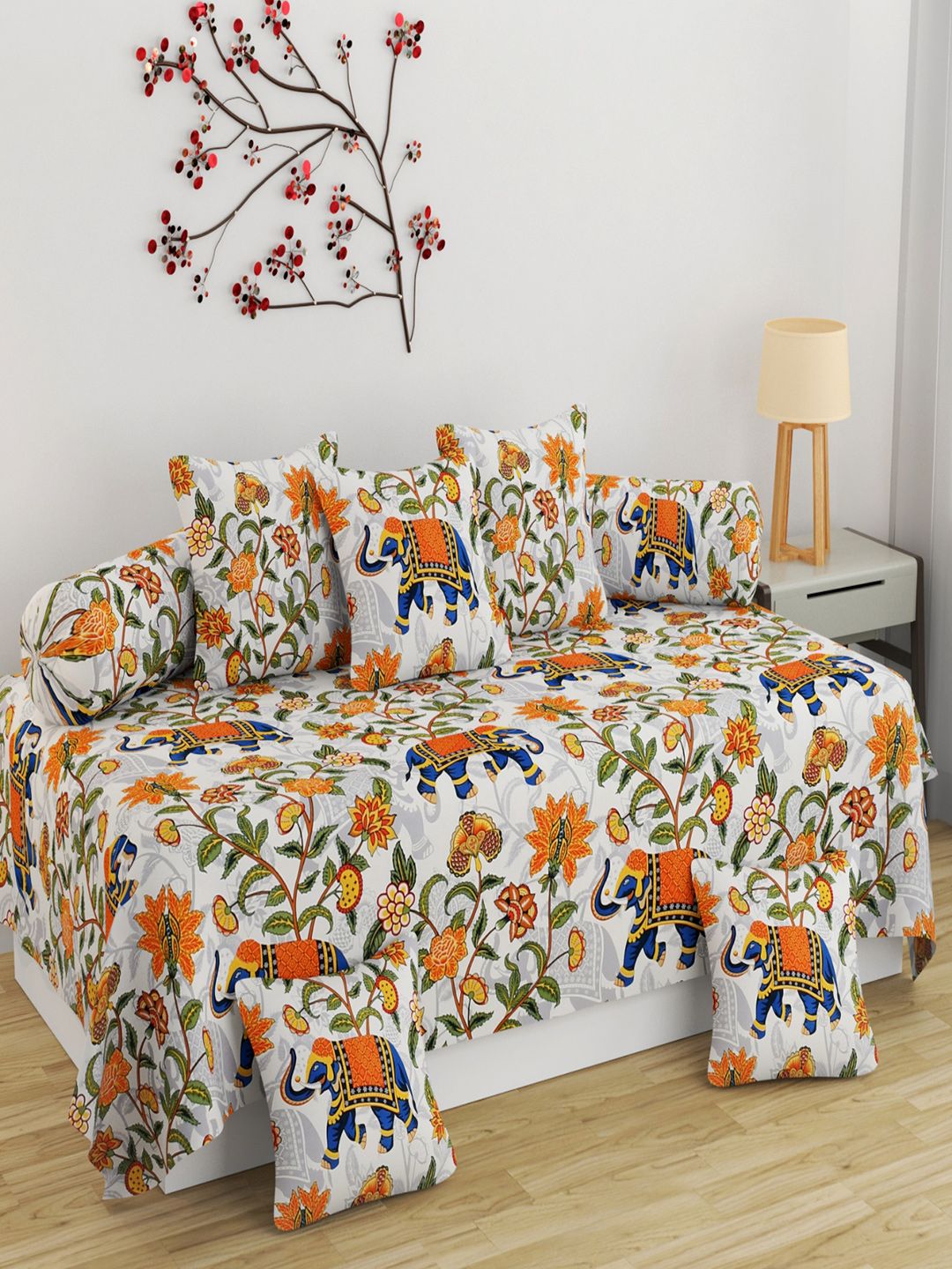 Homefab India White & Orange Printed Bedsheet Bolster & Cushion Covers 8-Pcs Diwan Set-image-13