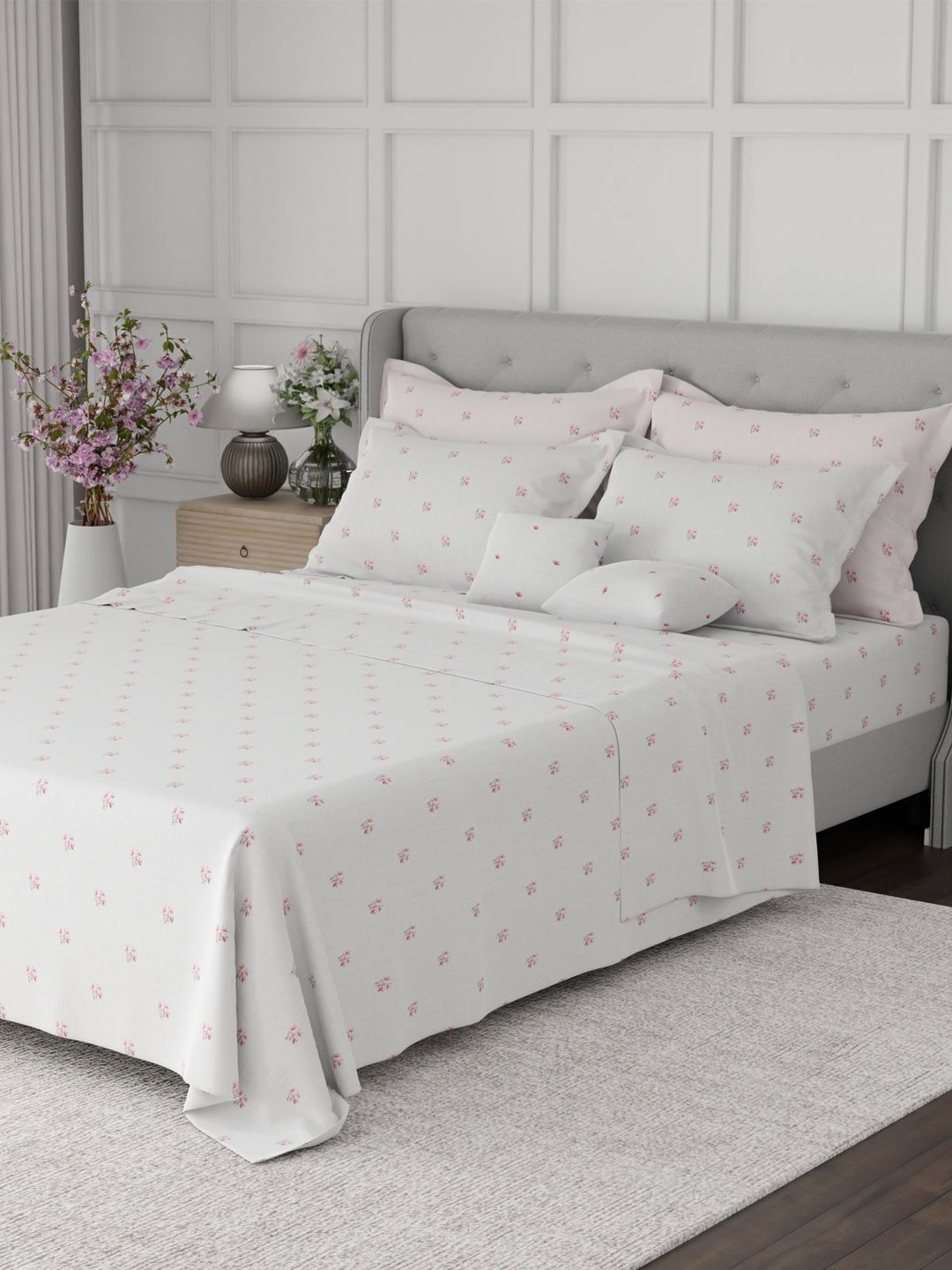 Boutique Living India White & Red Floral Cotton 7 Piece Double King Regular Bedding Set-picture-49