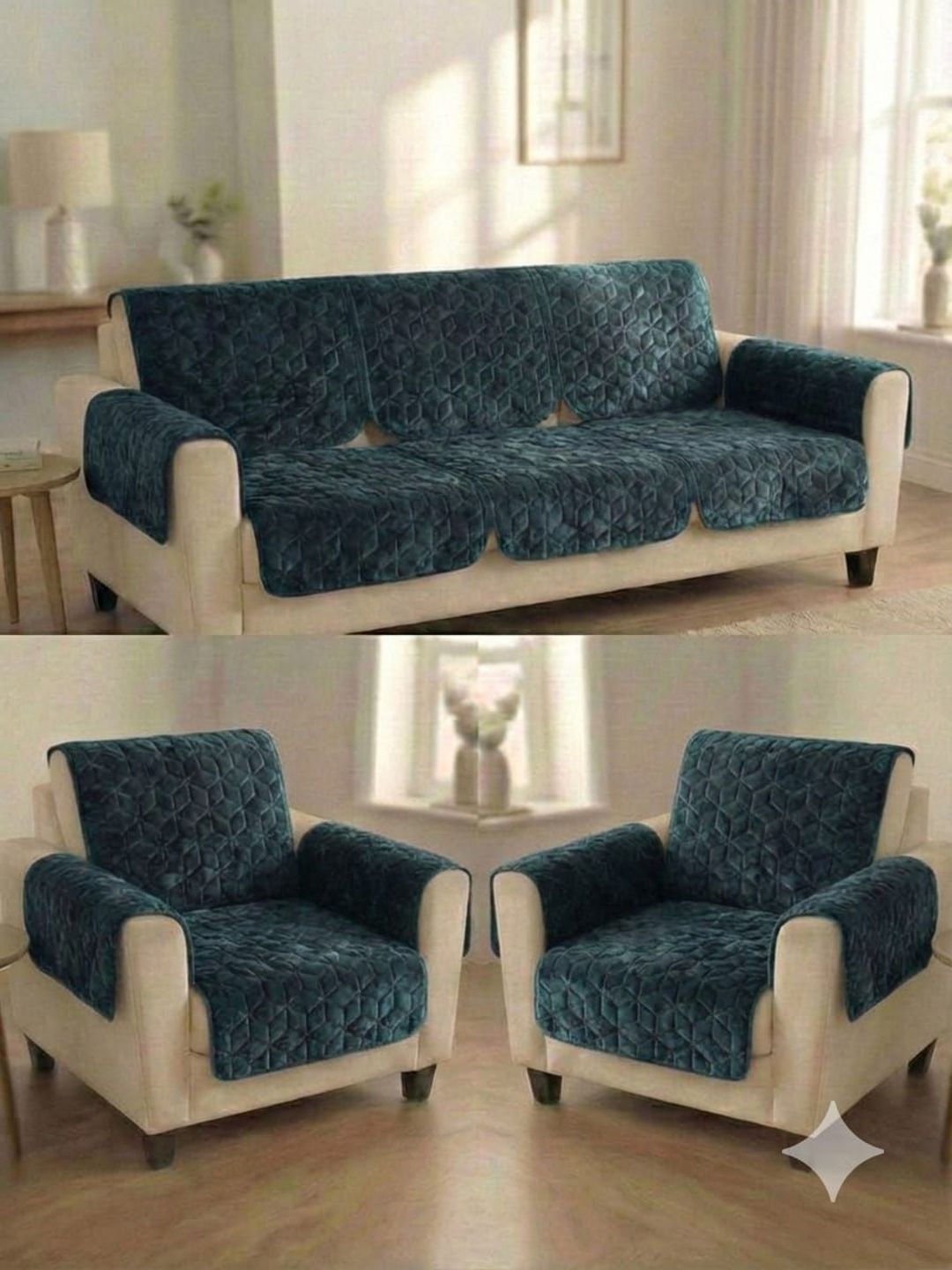 KANUM Blue & Teal Printed Polyester Blend Sofa Cover With Arms-picture-23