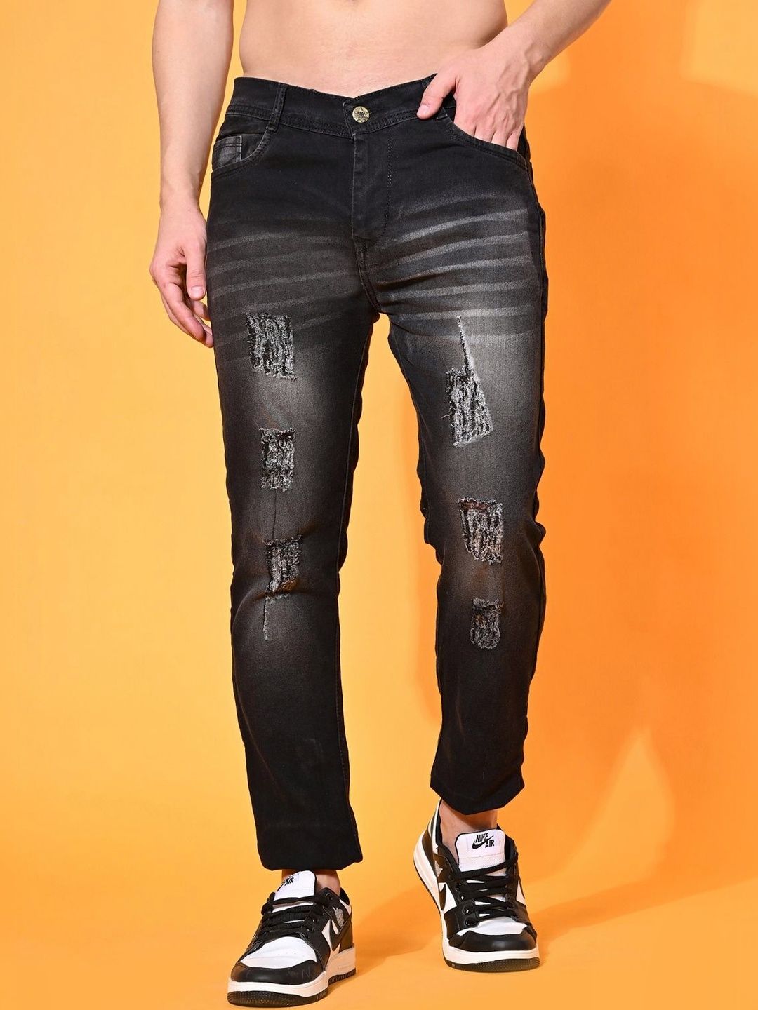 HERE&NOW Men Classic Slim Fit Mid-Rise Highly Distressed Heavy Fade Stretchable Jeans-picture-21