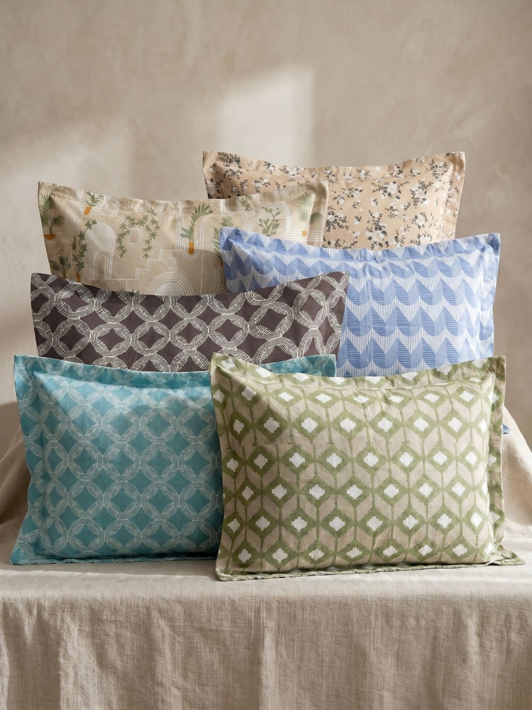 Status Green & Blue 6 Pieces Floral Cotton Linen Blend Rectangle Pillow Covers-image-44